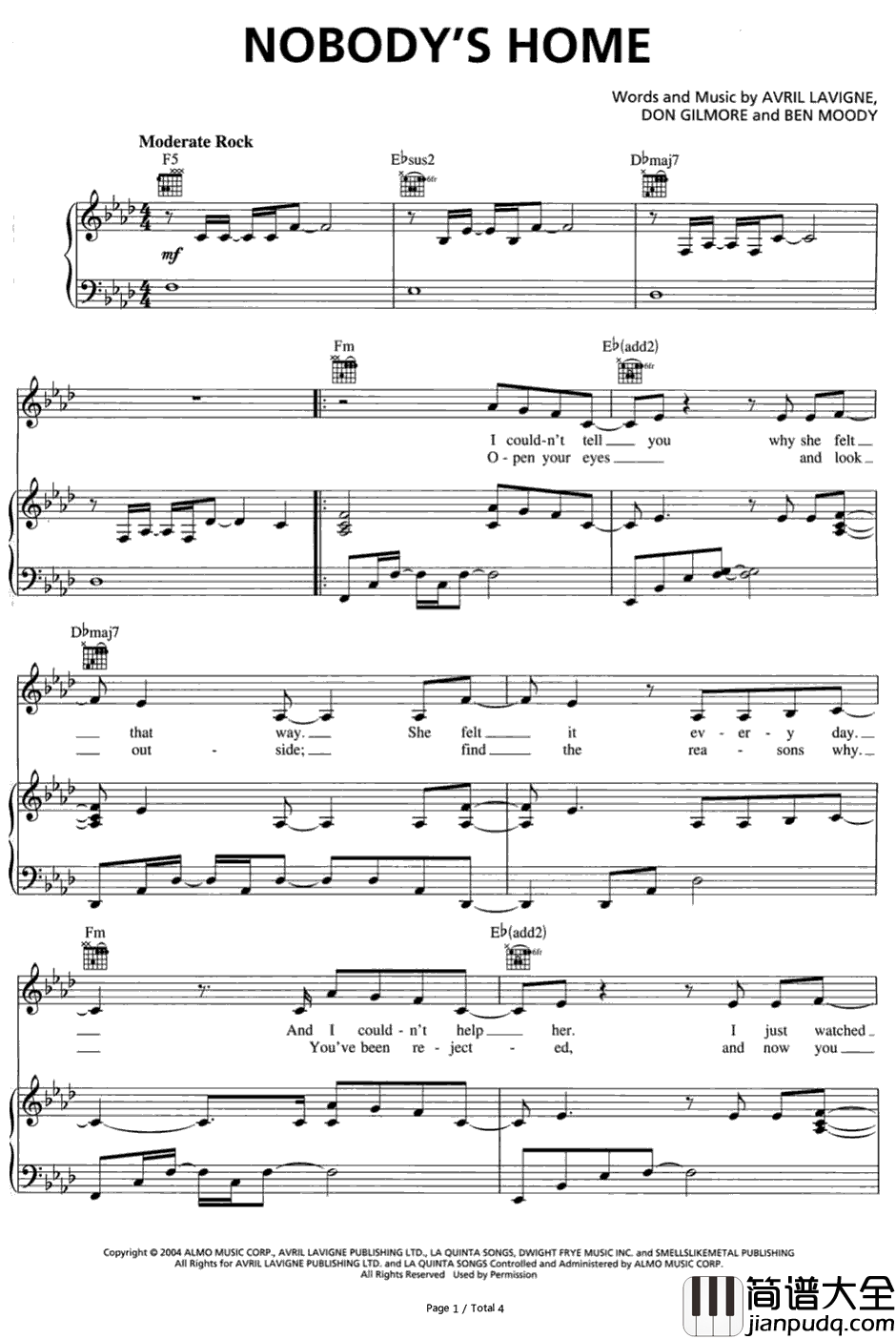 Nobodys_Home钢琴谱_Avril_Lavigne