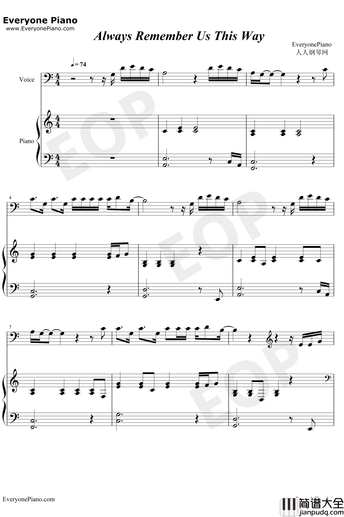Always_Remember_Us_This_Way钢琴谱_LadyGaga_一个明星的诞生OST