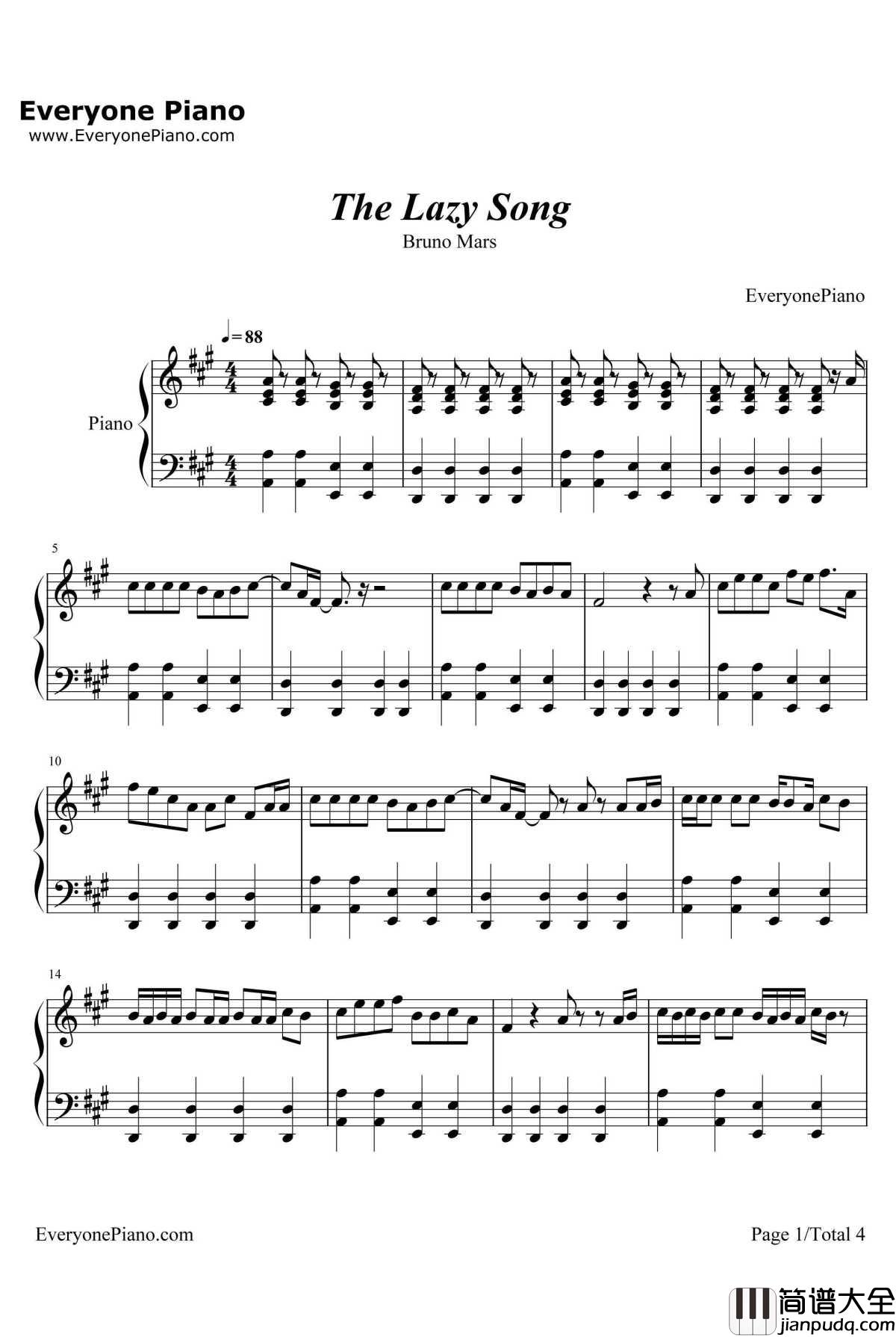 The_Lazy_Song钢琴谱_BrunoMars