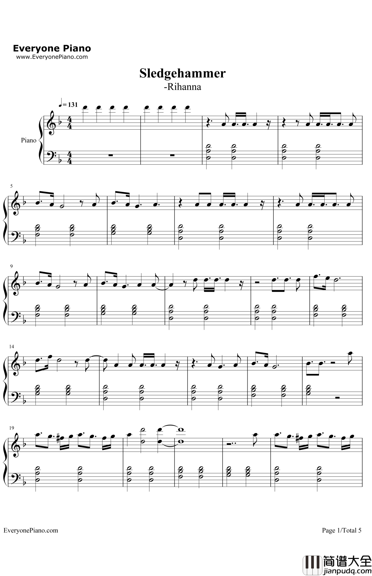 Sledgehammer钢琴谱_Rihanna_星际迷航3:超越星辰主题曲