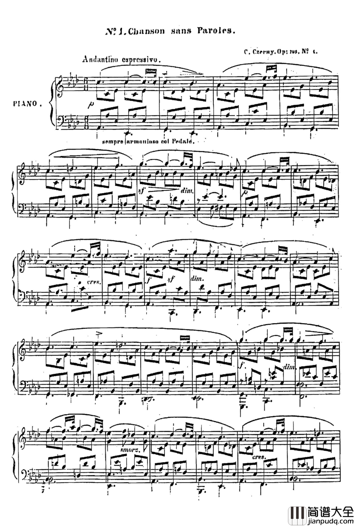 降A大调无词歌Op.795_No.1钢琴谱_车尔尼_Czerny