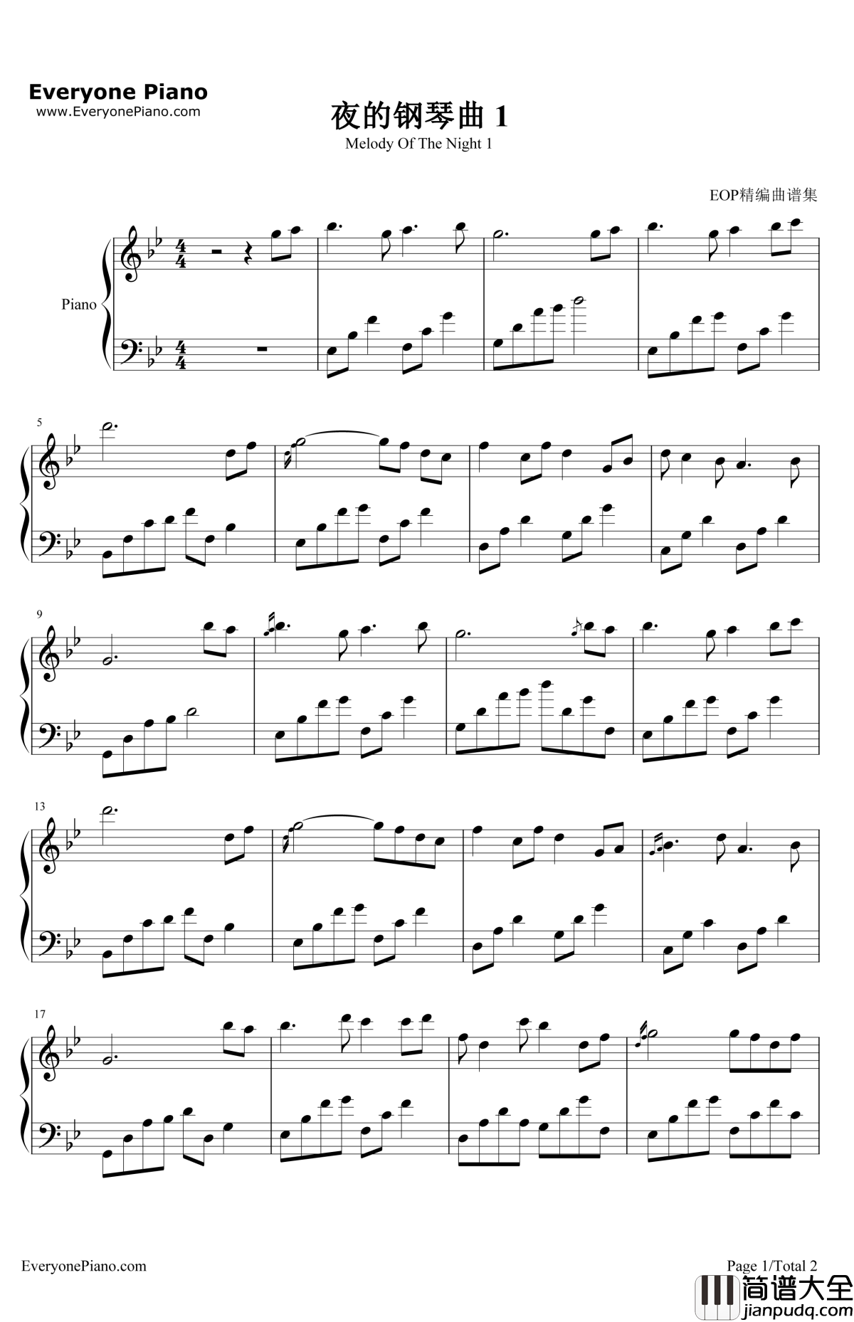 夜的钢琴曲1钢琴谱_石进_夜的钢琴曲1