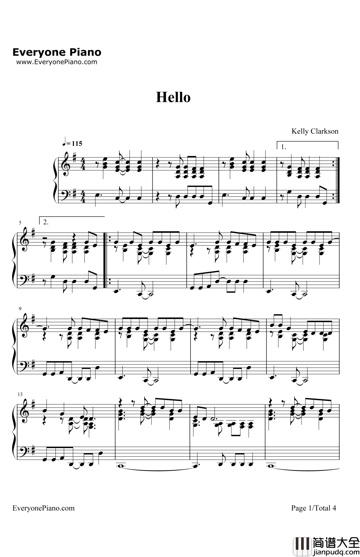 Hello钢琴谱_KellyClarkson