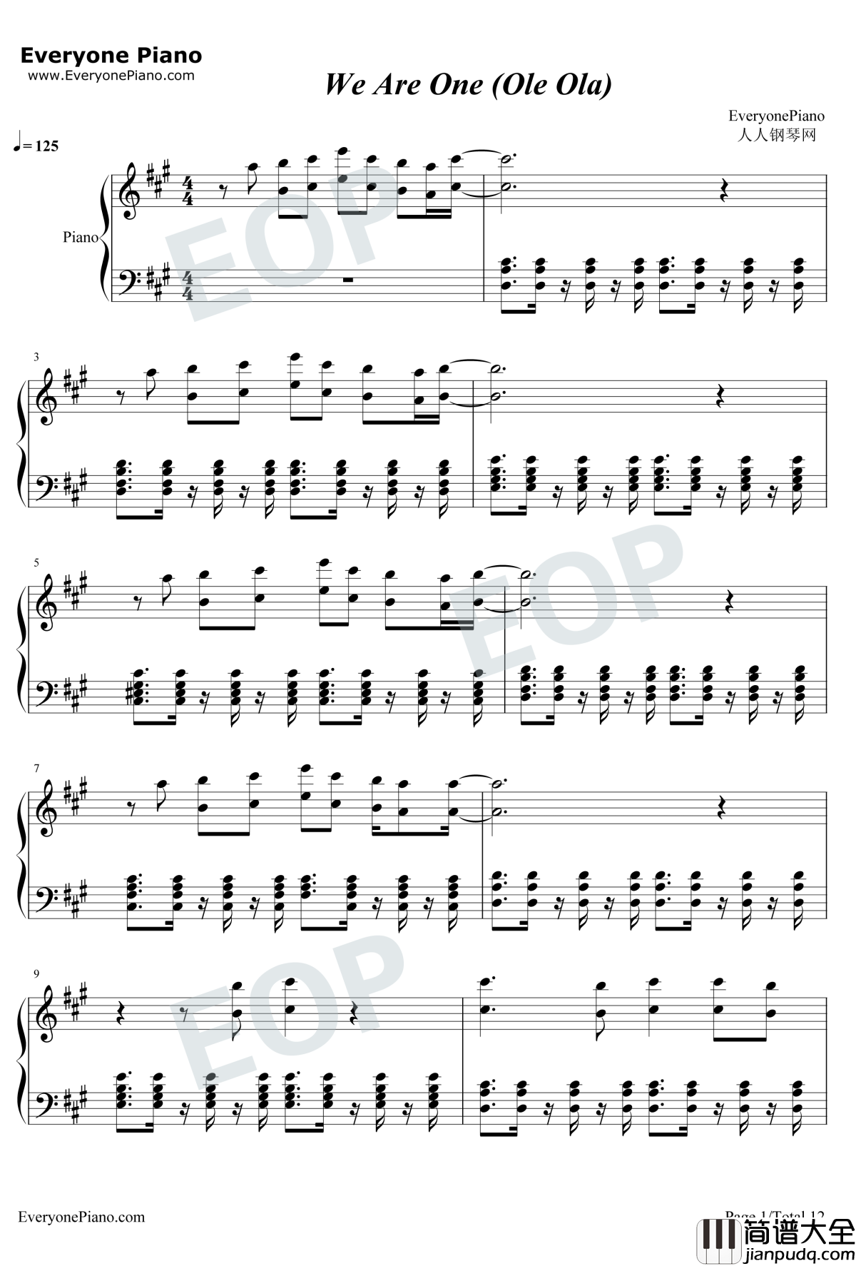 We_Are_One(OleOla)钢琴谱_Pitbull_2014世界杯主题曲_Pitbull