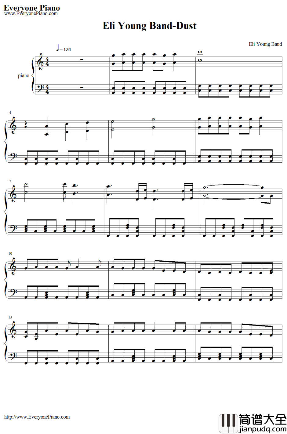 Dust钢琴谱_EliYoungBand