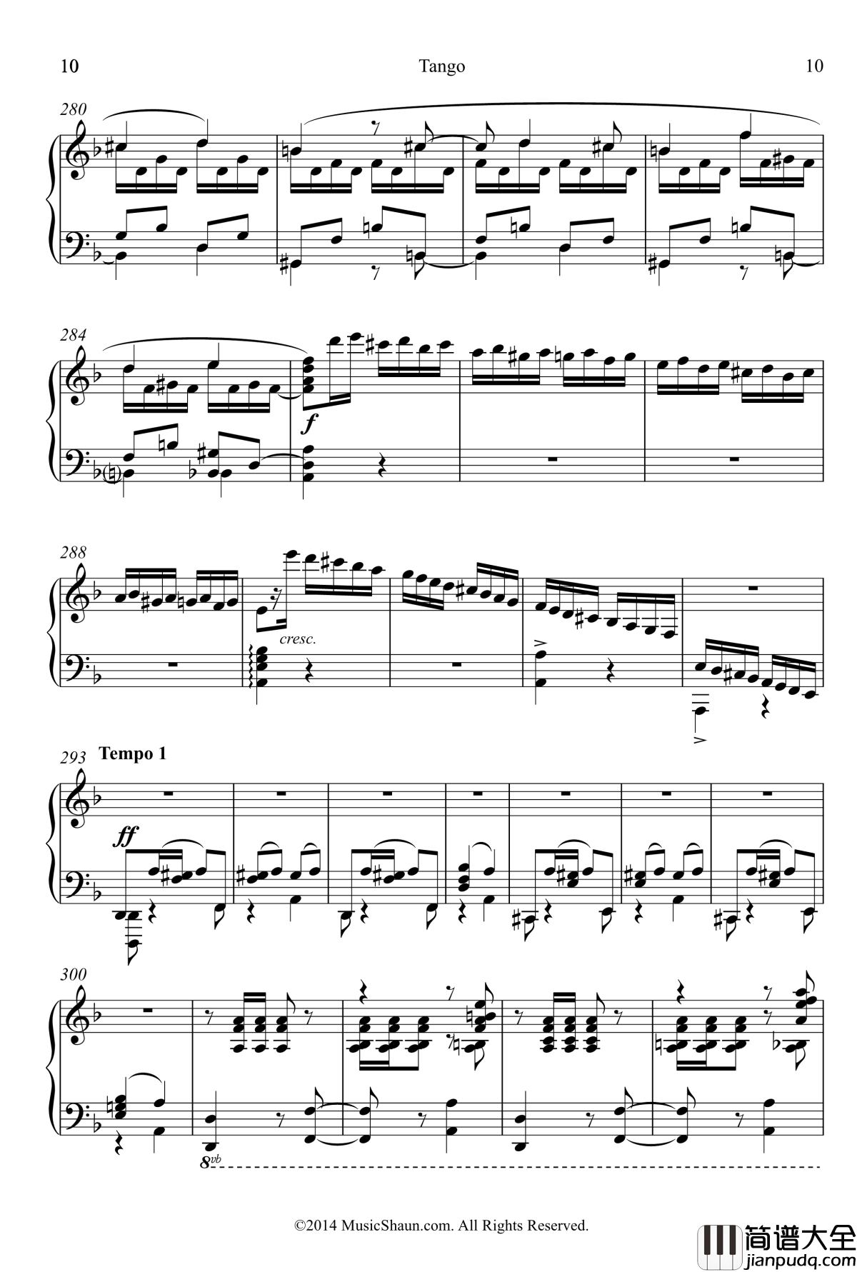 肖恩的探戈钢琴谱_世界名曲
