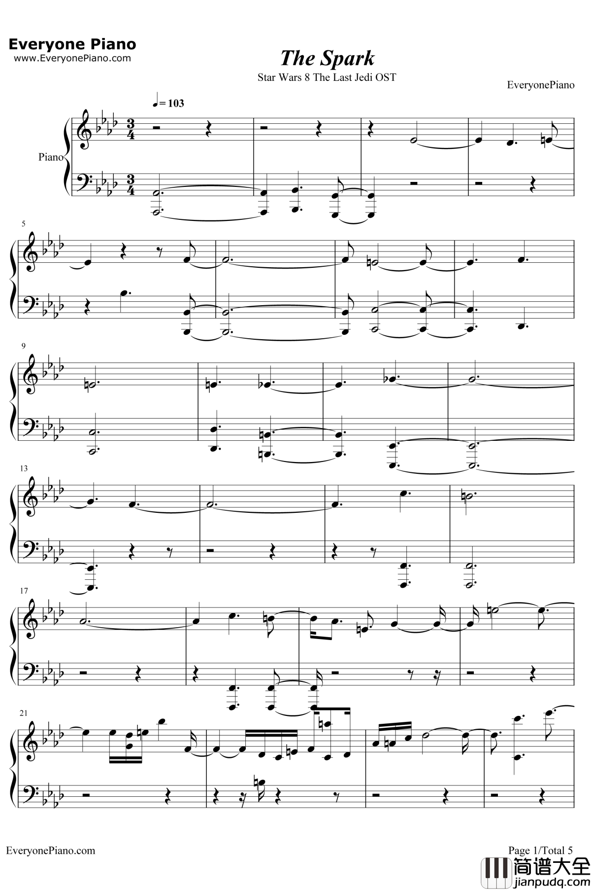 The_Spark钢琴谱_JohnWilliams_星球大战最后的绝地武士OST