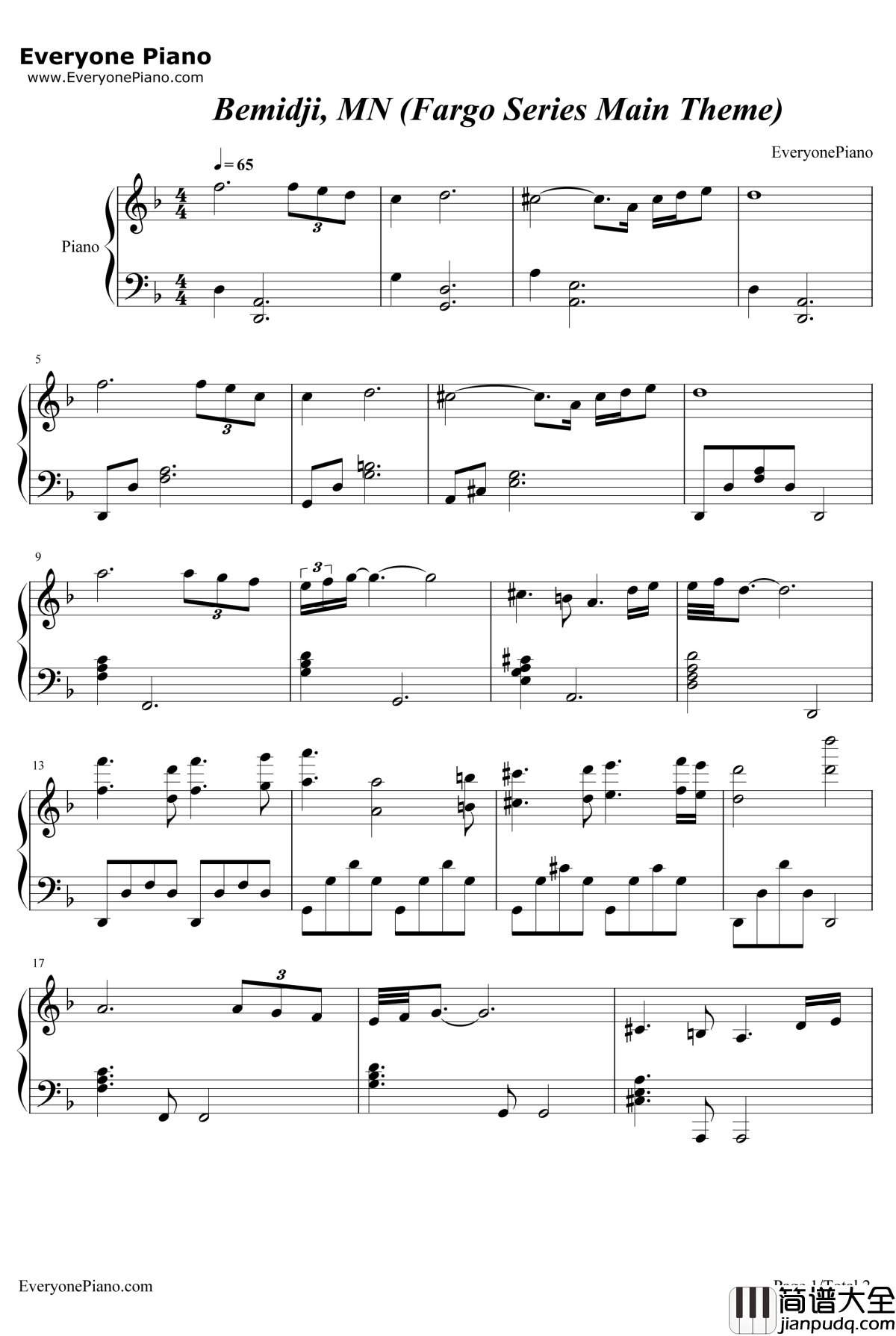 Bemidji_MN_Fargo_Series_Main_Theme钢琴谱_JeffRusso_冰血暴第二季OST