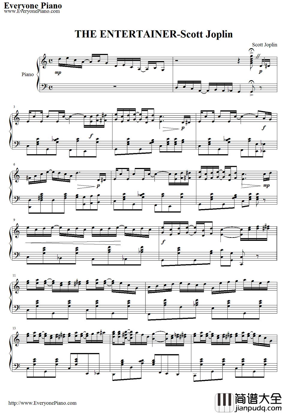 The_Entertainer钢琴谱_ScottJoplin_骗中骗主题曲