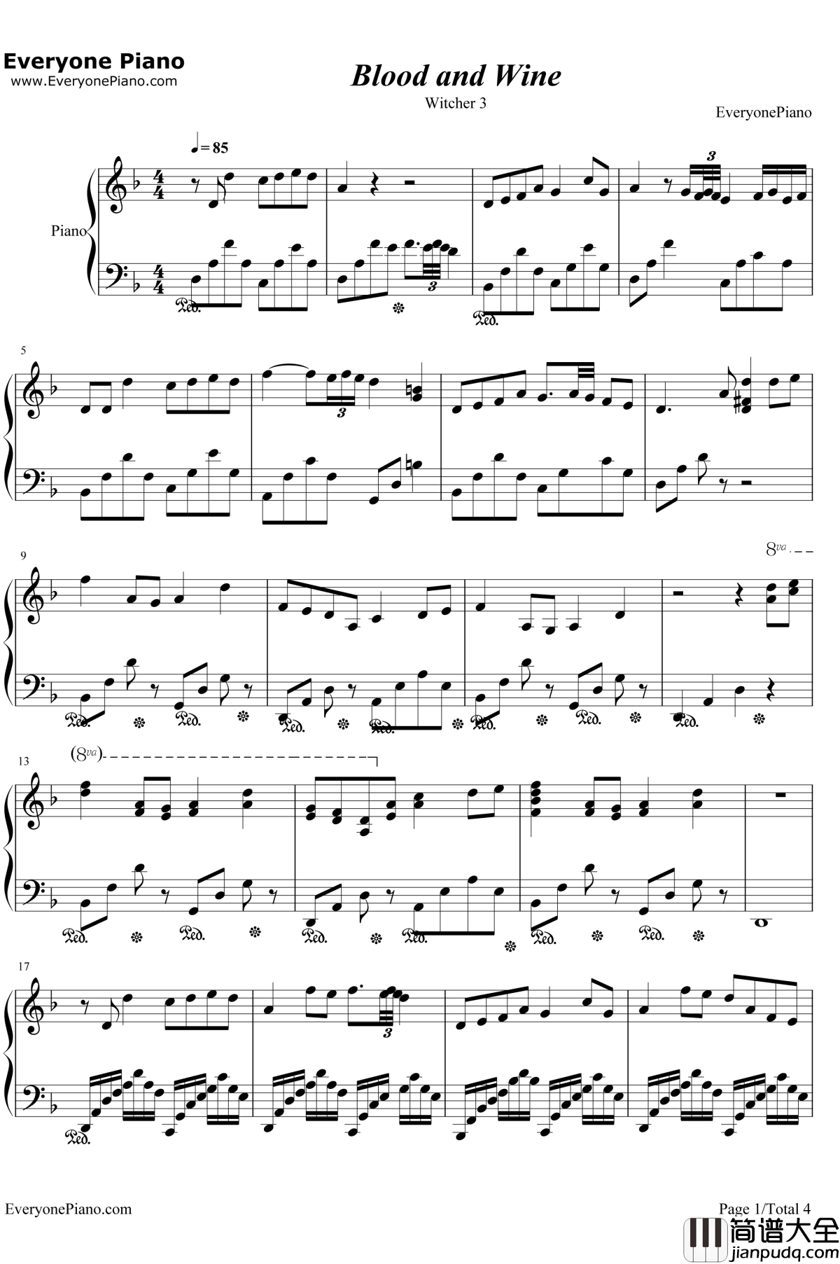 Blood_and_Wine钢琴谱_MarcinPrzybyłowicz_巫师3背景音乐