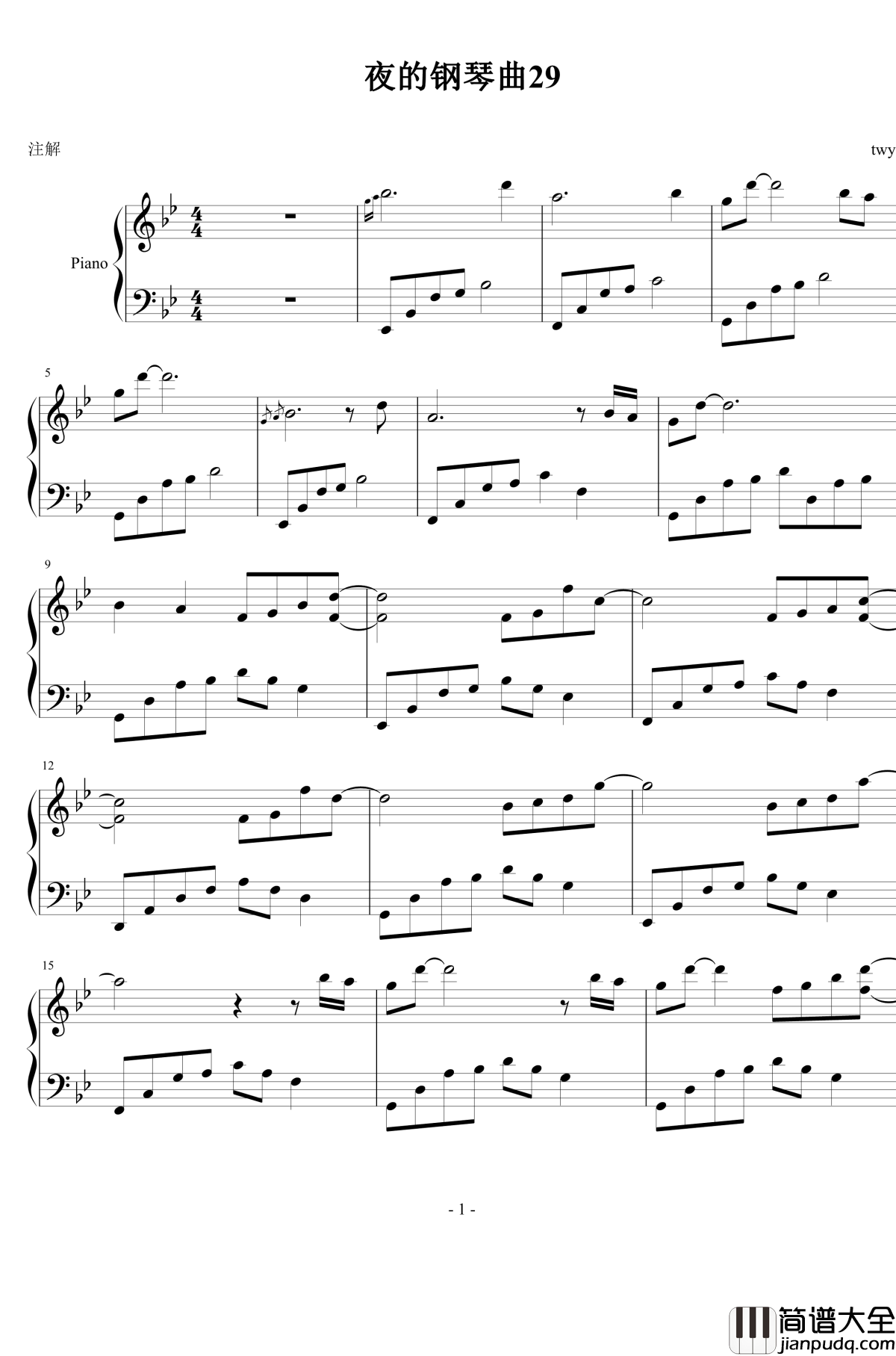 夜的钢琴曲29钢琴谱_石进