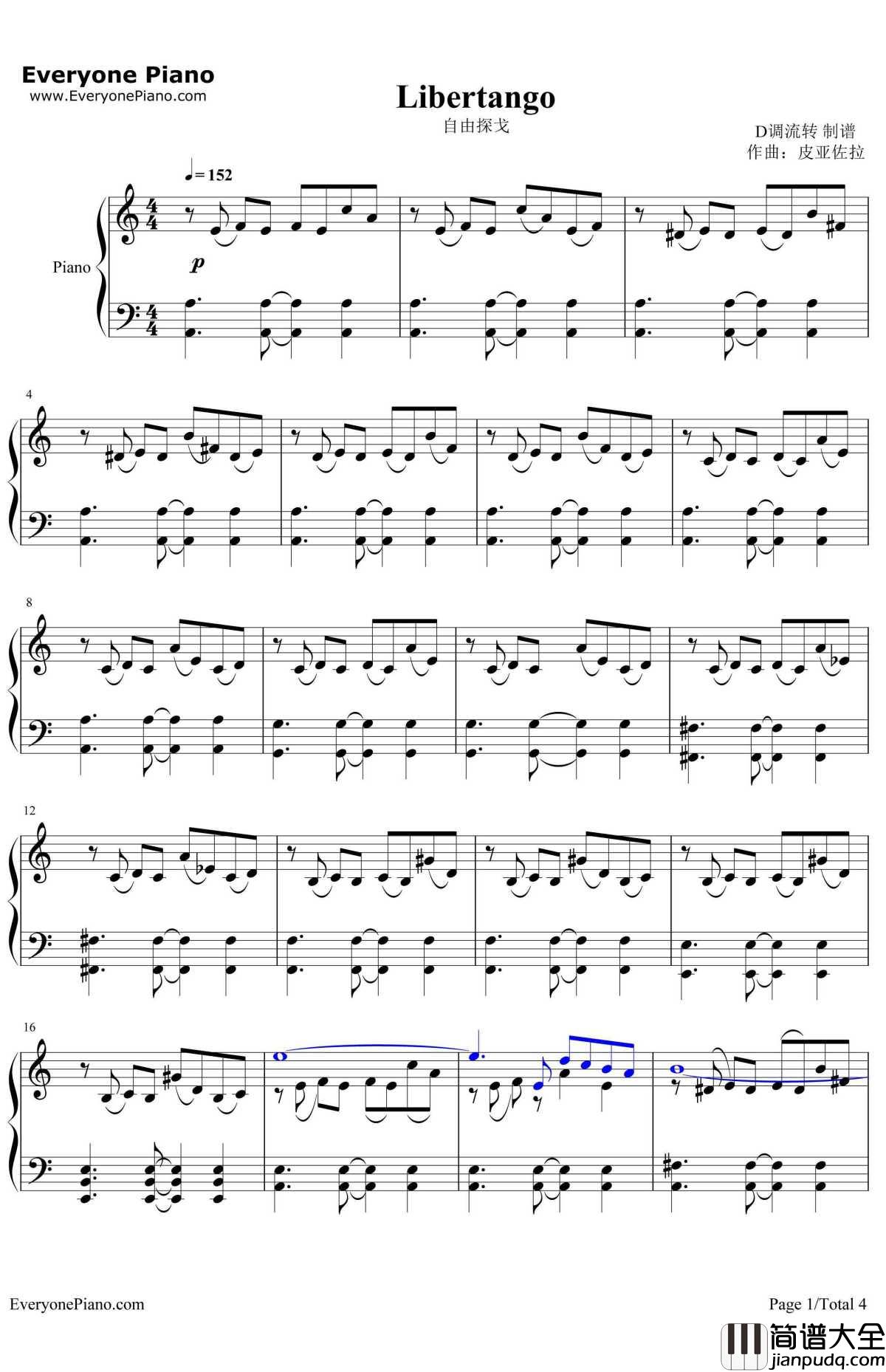 自由探戈钢琴谱_皮亚佐拉(AstorPiazzolla)_Libertango_皮亚佐拉