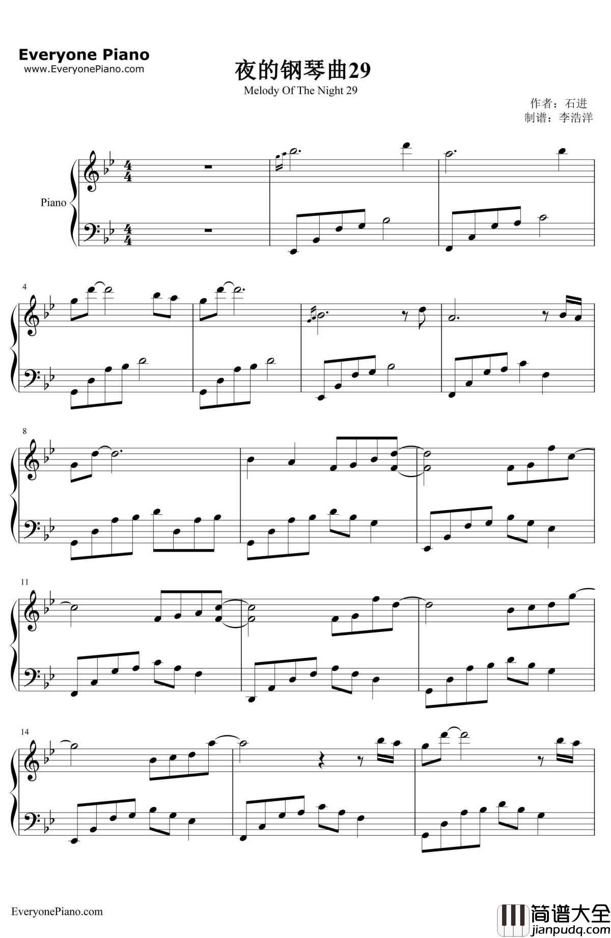 夜的钢琴曲29钢琴谱_石进_简单好听