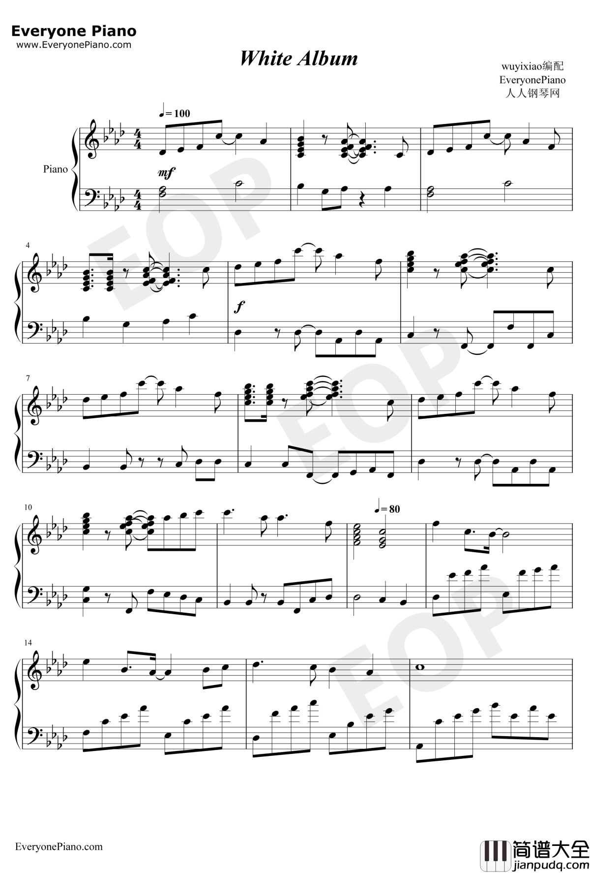 whitealbum钢琴谱_森川由绮(CV:平野绫)_动漫白色相簿插曲