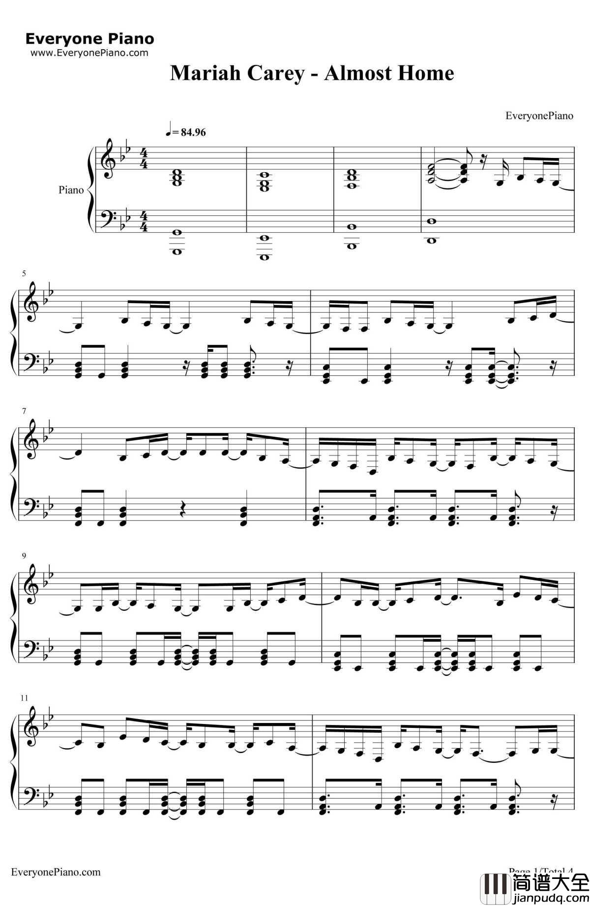 AlmostHome钢琴谱_MariahCarey_MariahCarey_迪斯尼电影_魔境仙踪_主题曲