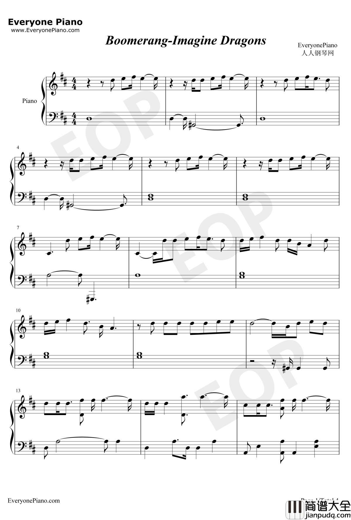 Boomerang钢琴谱_ImagineDragons