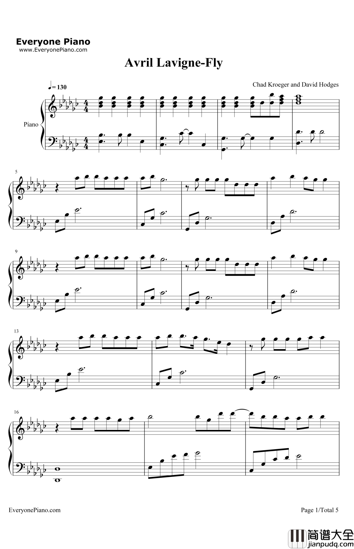 Fly钢琴谱_AvrilLavigne