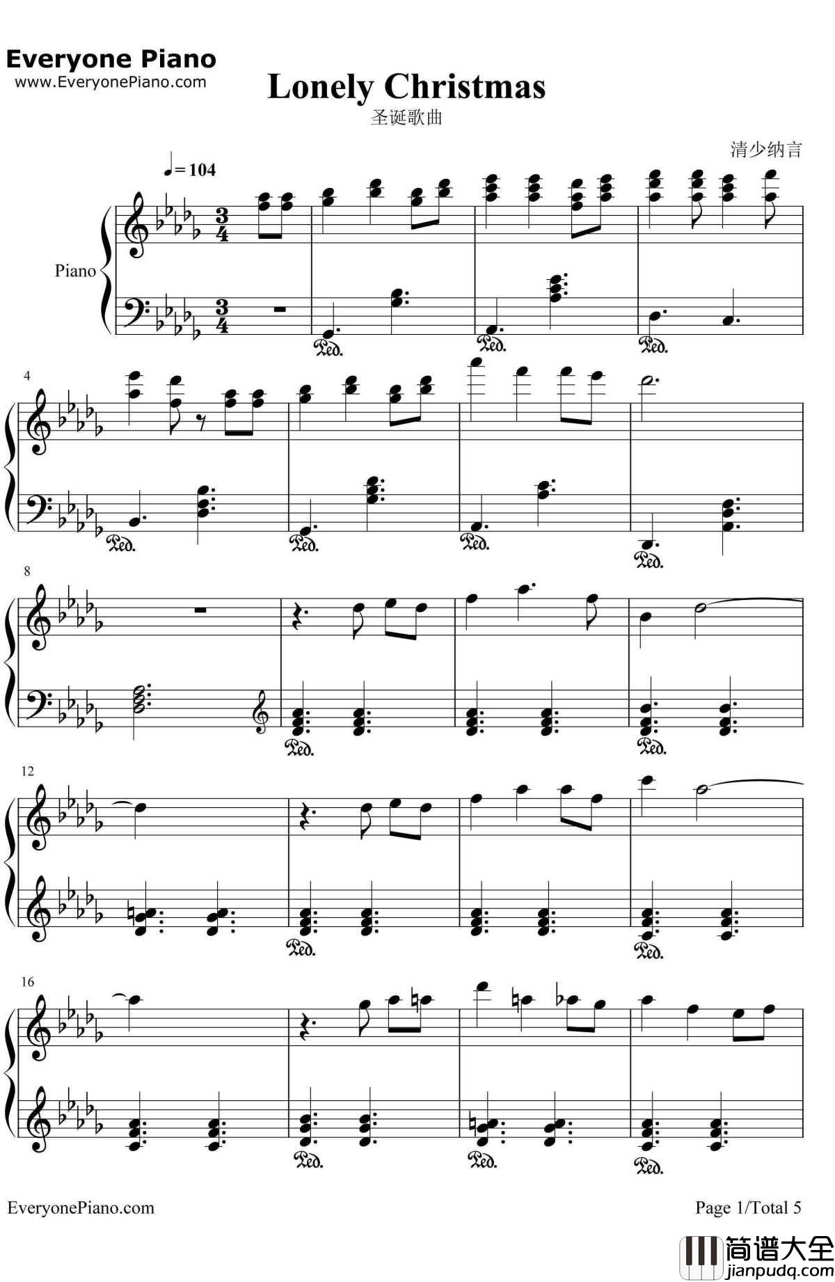lonely_christmas钢琴谱_陈奕迅_圣诞歌曲