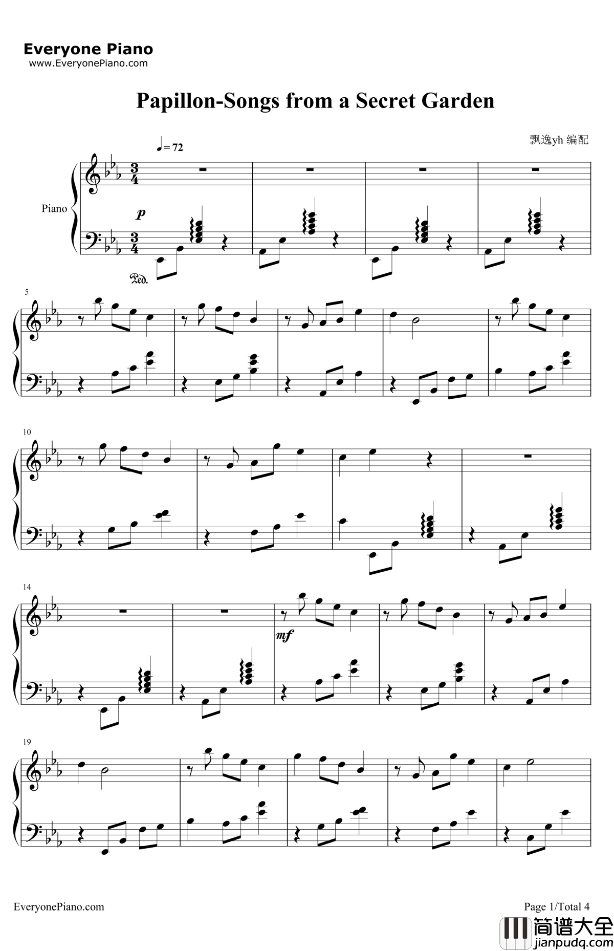 Papillon钢琴谱_神秘园(SecretGarden)_SongsfromaSecretGarden