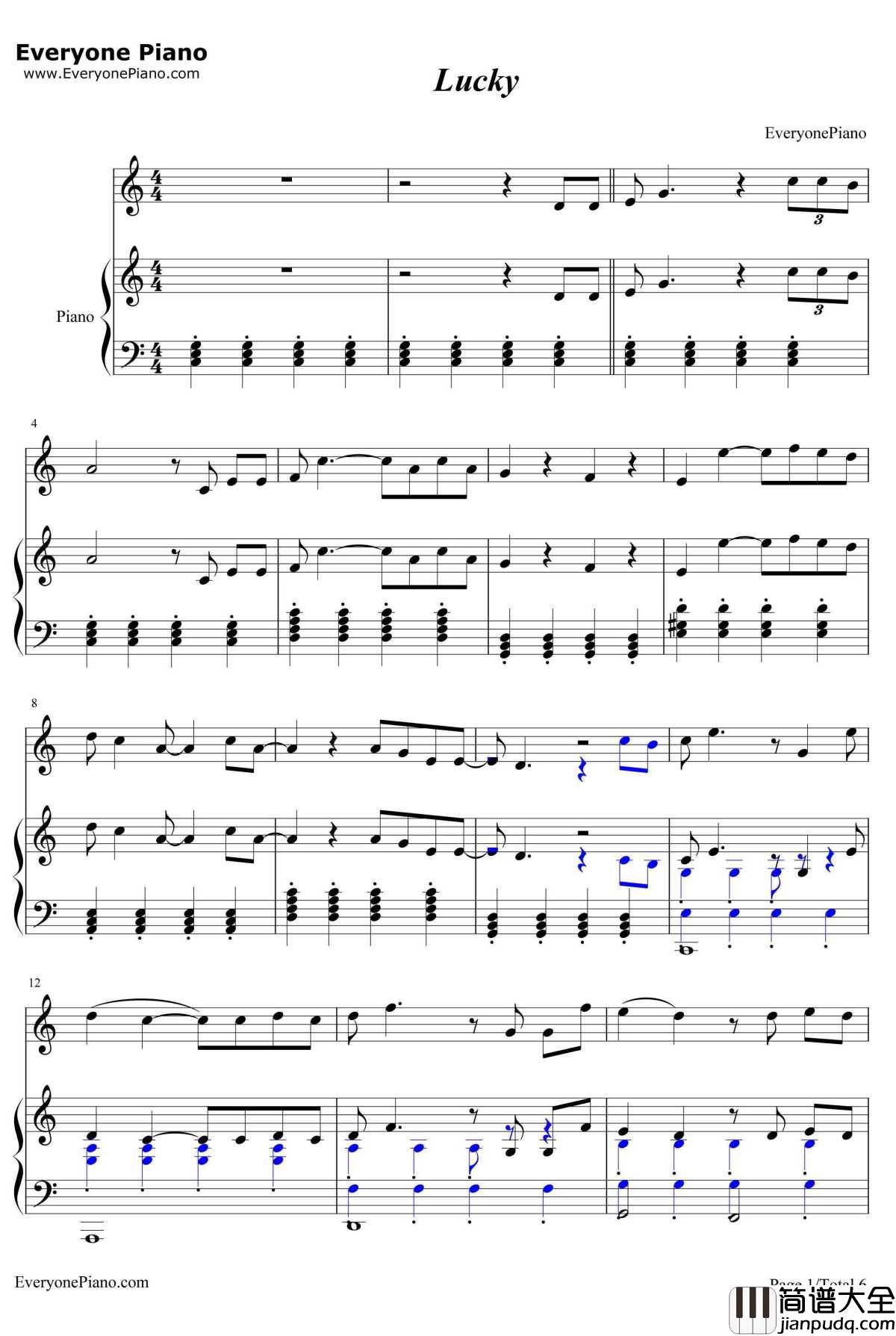 Lucky钢琴谱_JasonMraz&ColbieCaillat