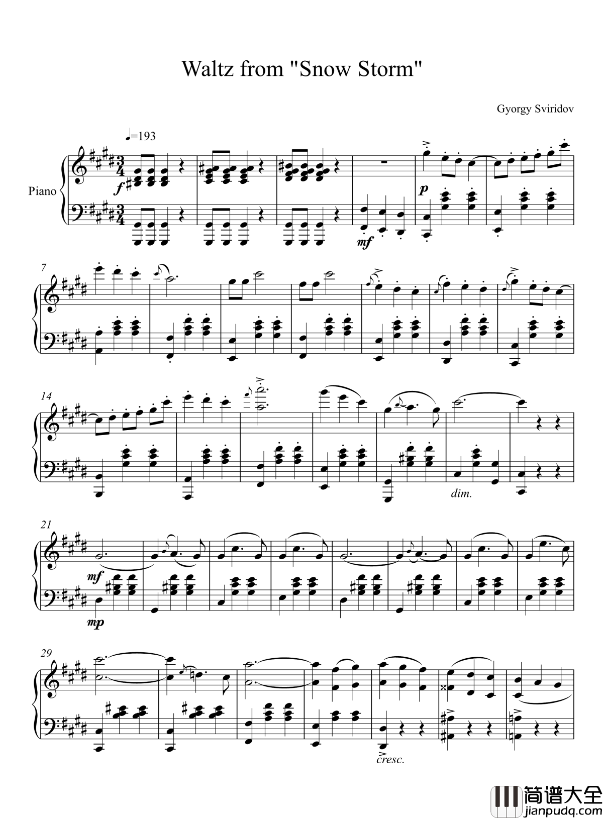 暴风雪组曲中的舞曲钢琴谱_乔治·斯维里多夫