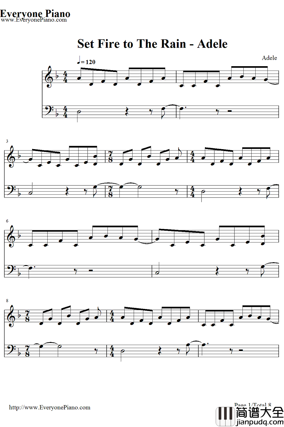 Adele钢琴谱_Adele_纵火焚雨(SetFiretotheRain)
