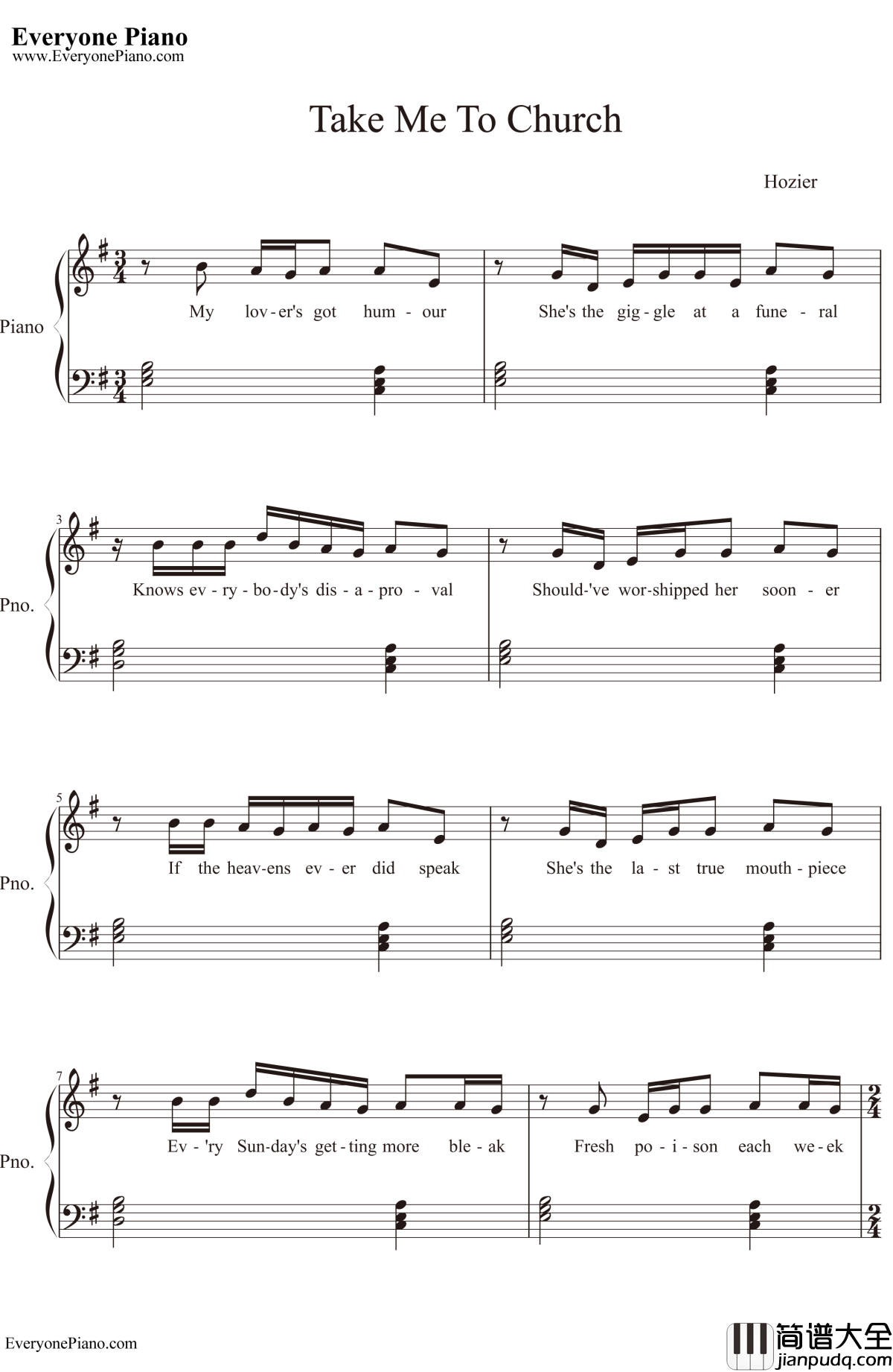 TakeMetoChurch钢琴谱_Hozier