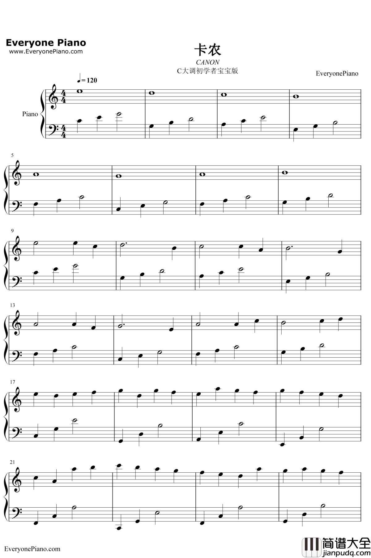 卡农钢琴谱_JohannPachelbel_Canon_C大调初学者版