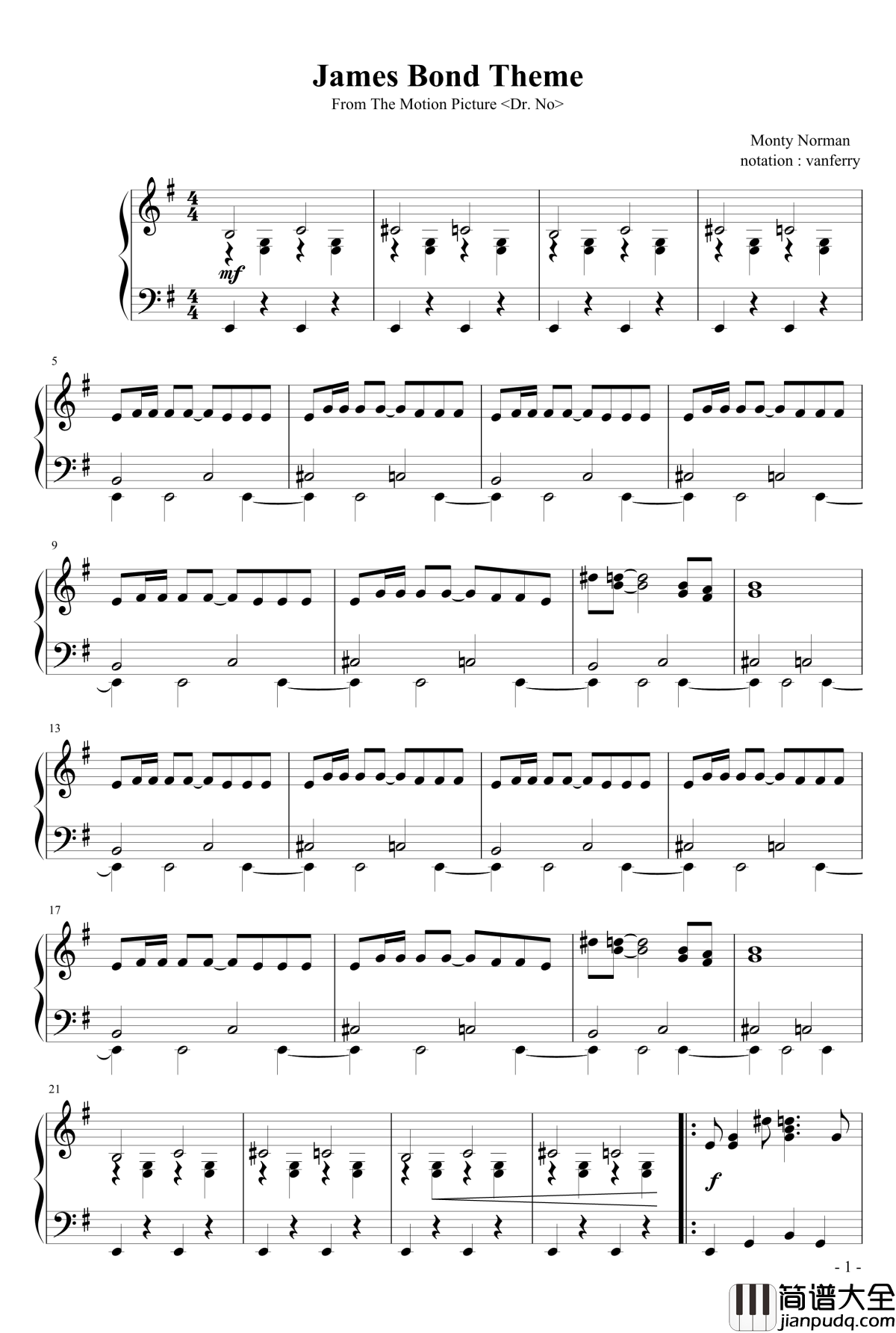 007詹姆斯邦德主题曲钢琴谱_诺博士