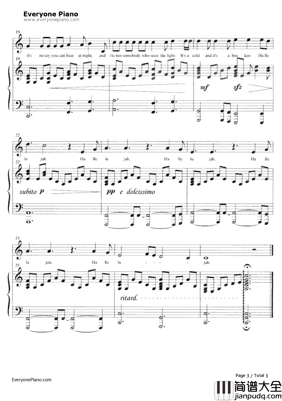 Hallelujah钢琴谱_RufusWainwright_怪物史莱克OST