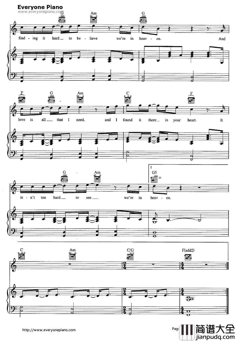 Heaven钢琴谱_BryanAdams