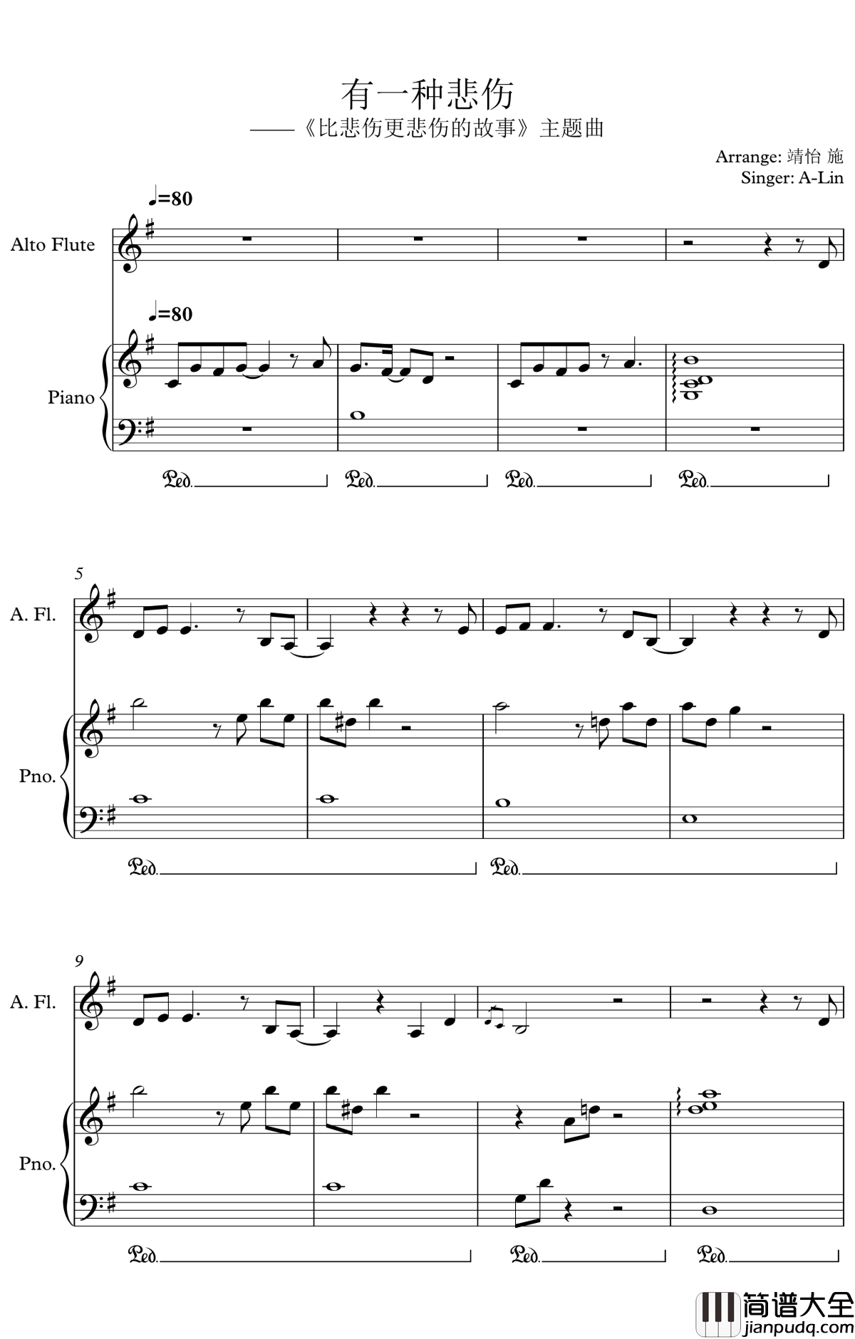 有一种悲伤钢琴谱_A_Lin_电影_比悲伤更悲伤的故事_主题曲