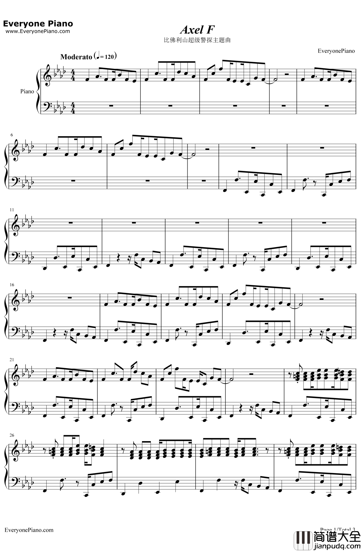 AxelF钢琴谱_HaroldFaltermeyer_比佛利山超级警探主题曲