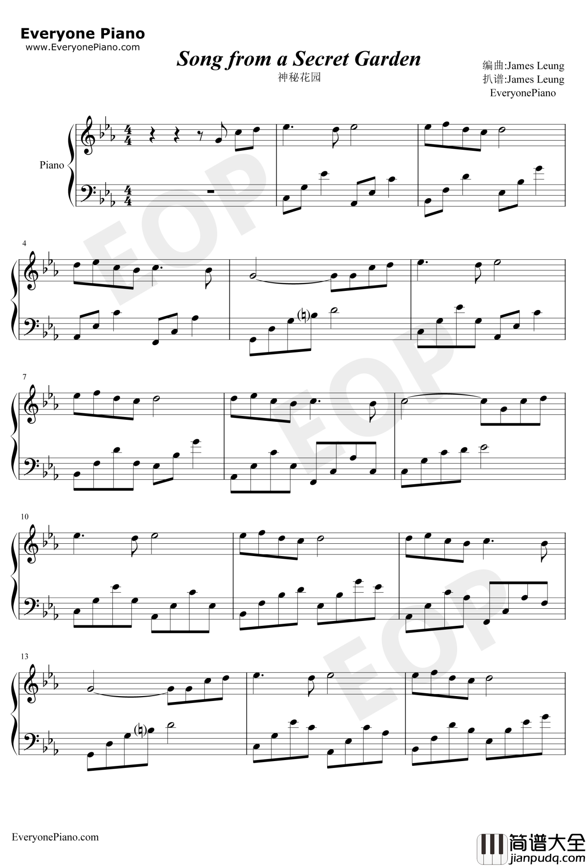 Song_From_A_Secret_Garden钢琴谱_Secret_Garden神秘园