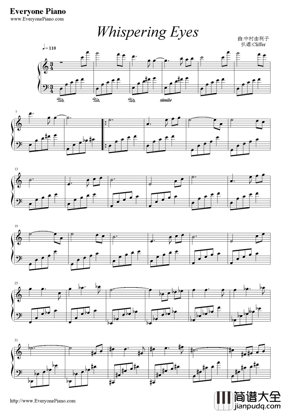 Whispering_Eyes钢琴谱_中村由利子_简单好听的曲子