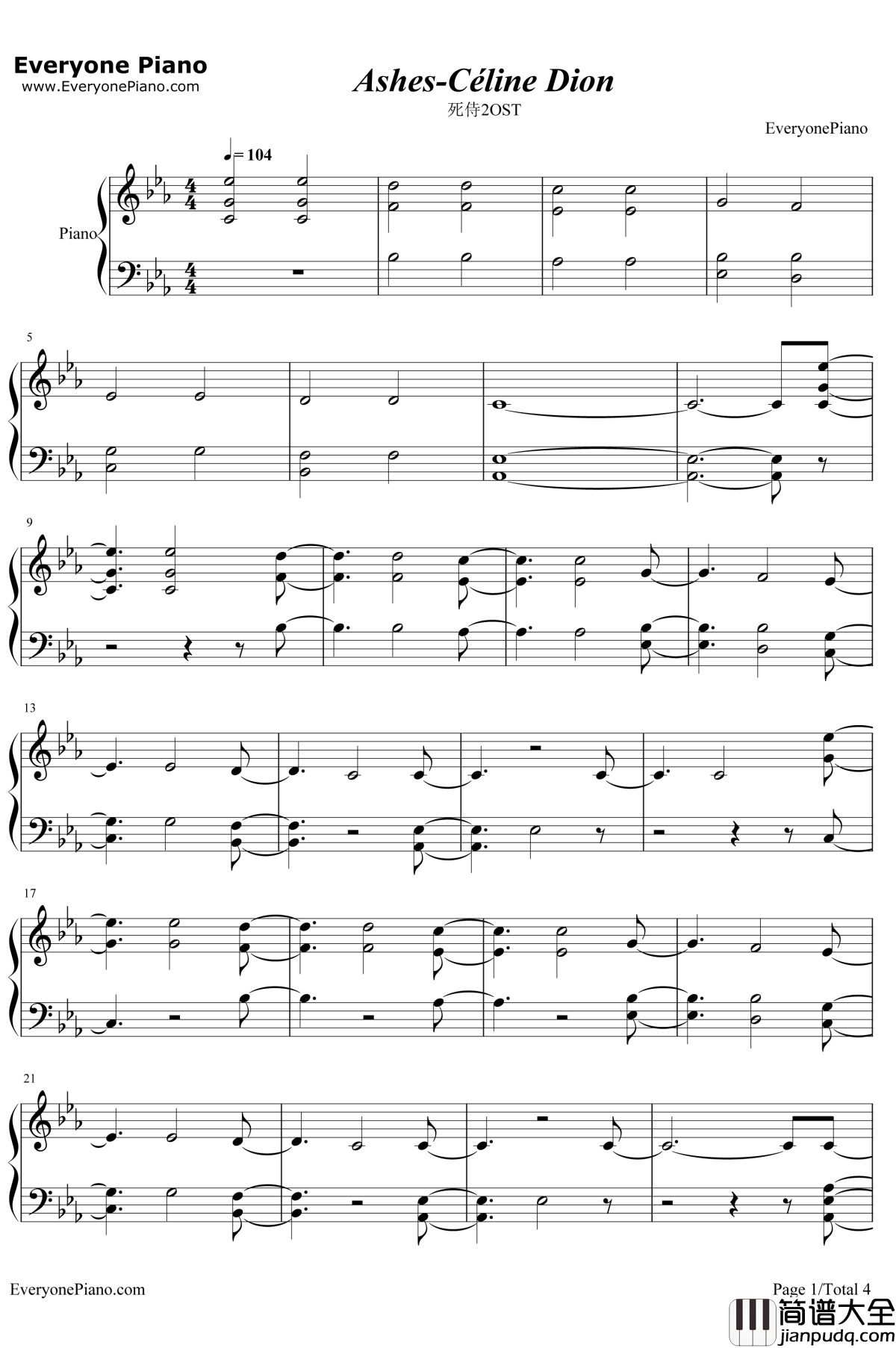 Ashes钢琴谱_Céline_Dion