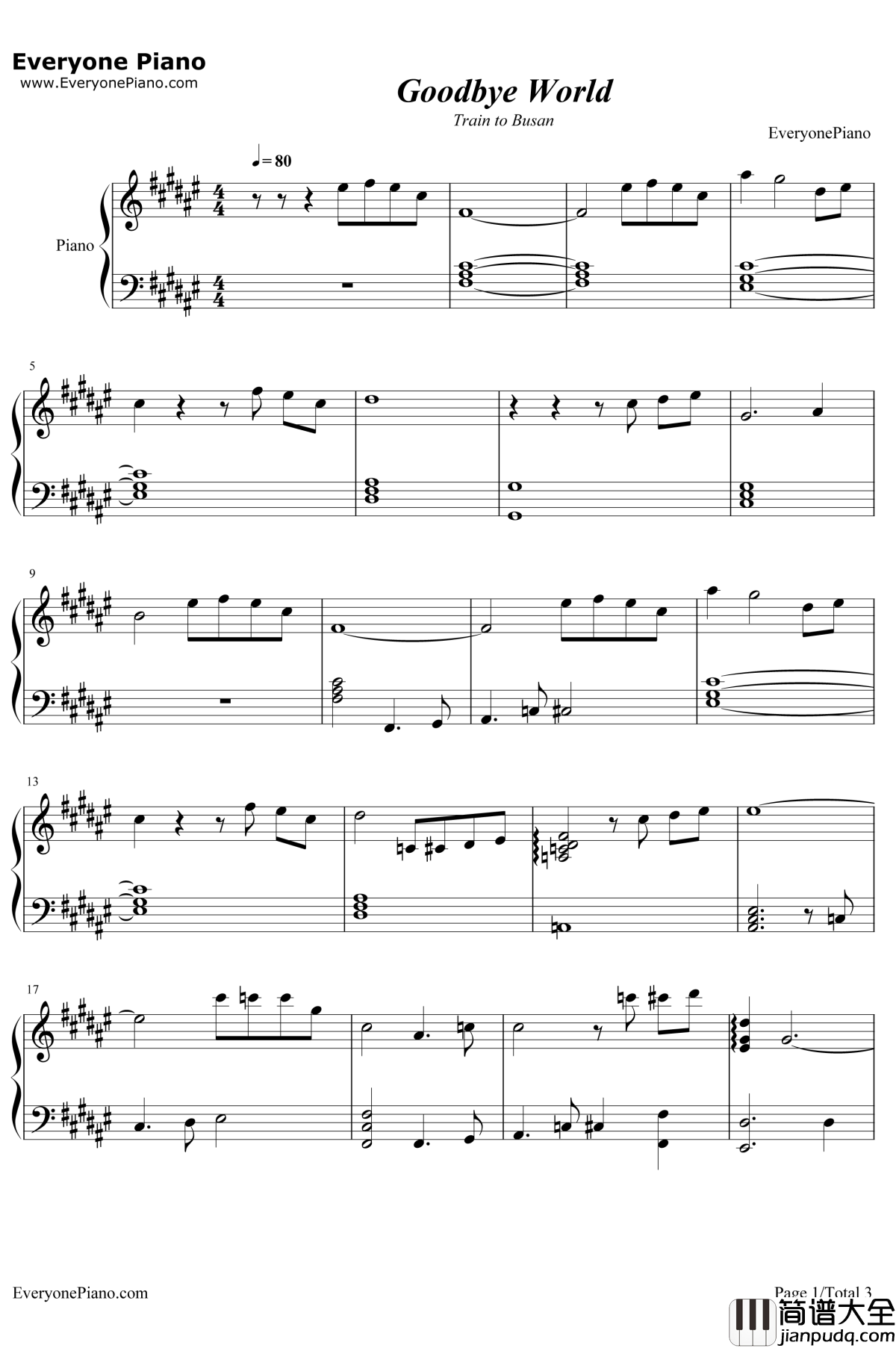Goodbye_World钢琴谱_JangYoung_gyu_釜山行插曲