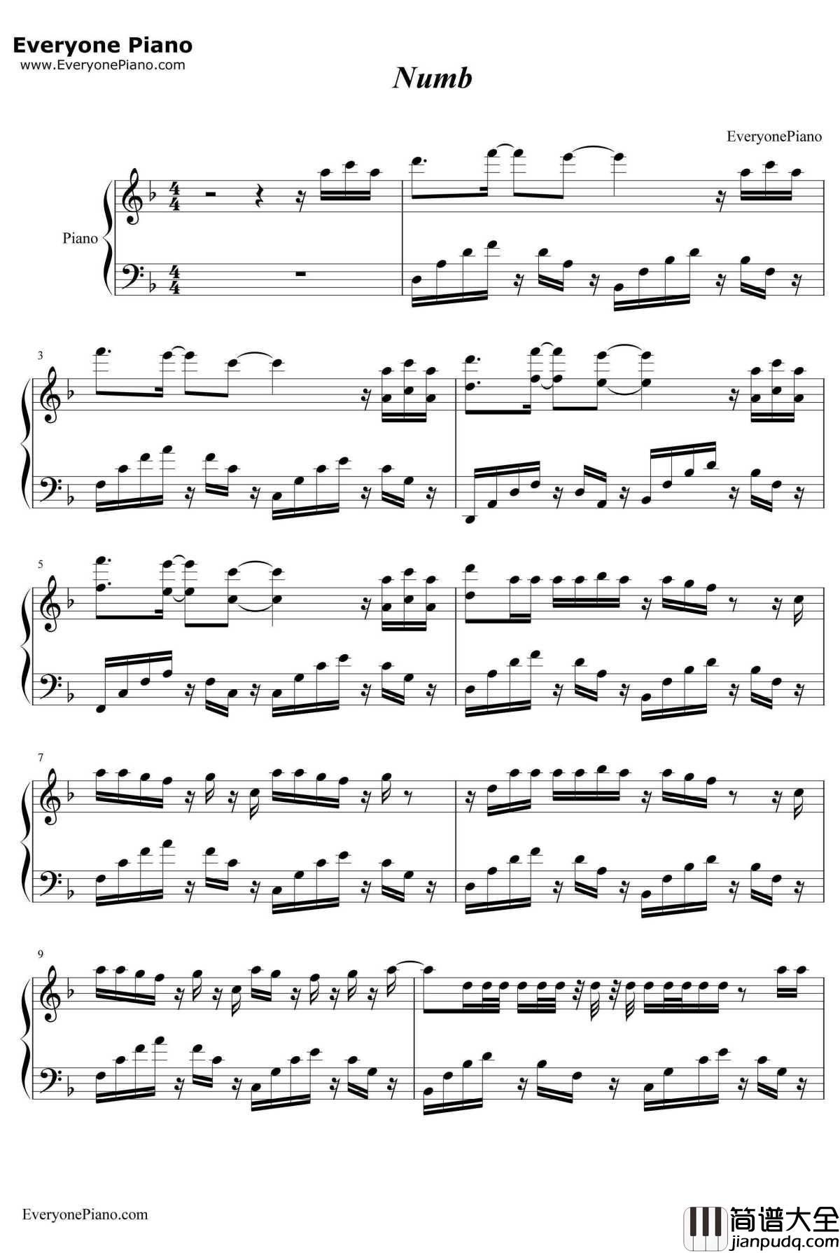Numb钢琴谱_LinkinPark林肯公园_麻木_LinkinPark