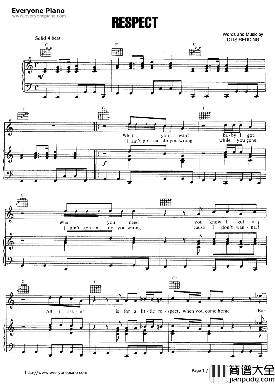 Respect钢琴谱_ArethaFranklin