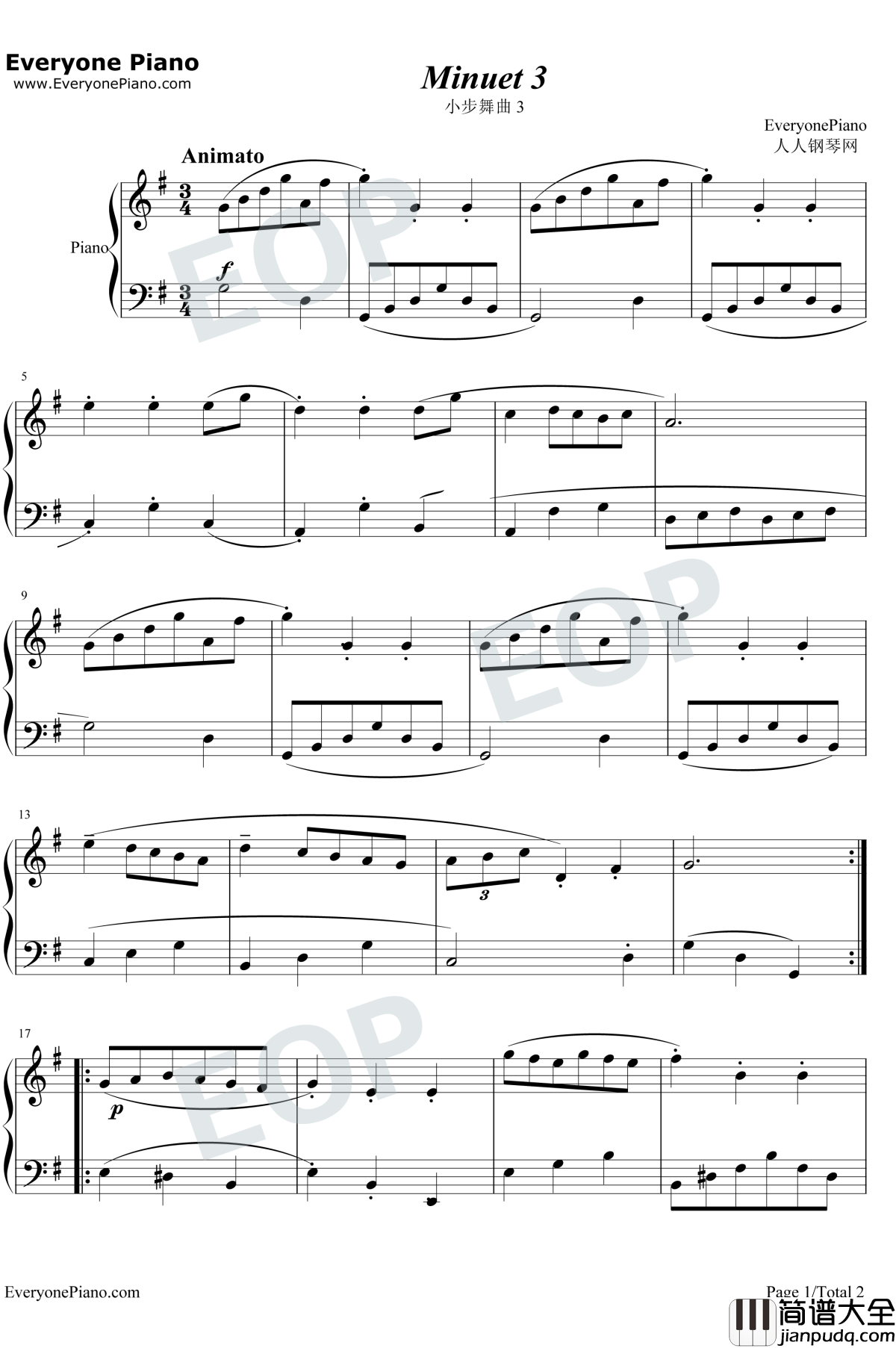 小步舞曲3钢琴谱_巴赫_Minuet_巴赫