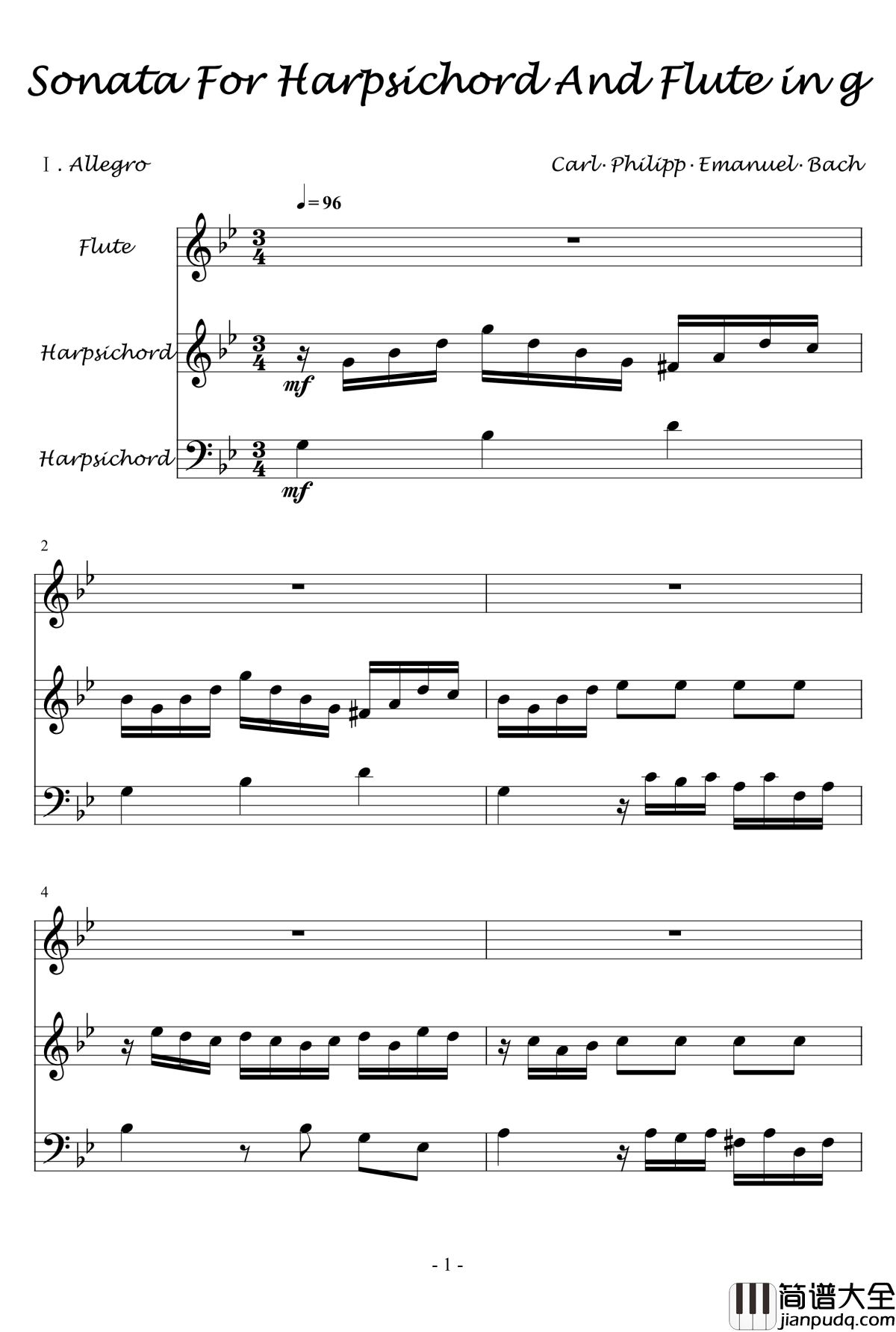 长笛与羽管键琴奏鸣曲第一乐章钢琴谱_巴赫_P.E.Bach