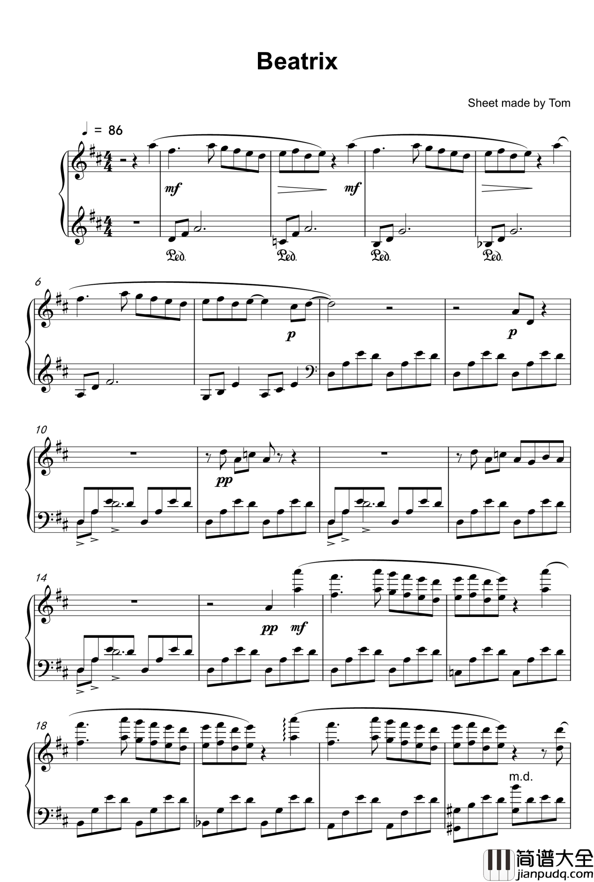 Beatrix_钢琴谱_Piano_Solo_班得瑞_Bandari