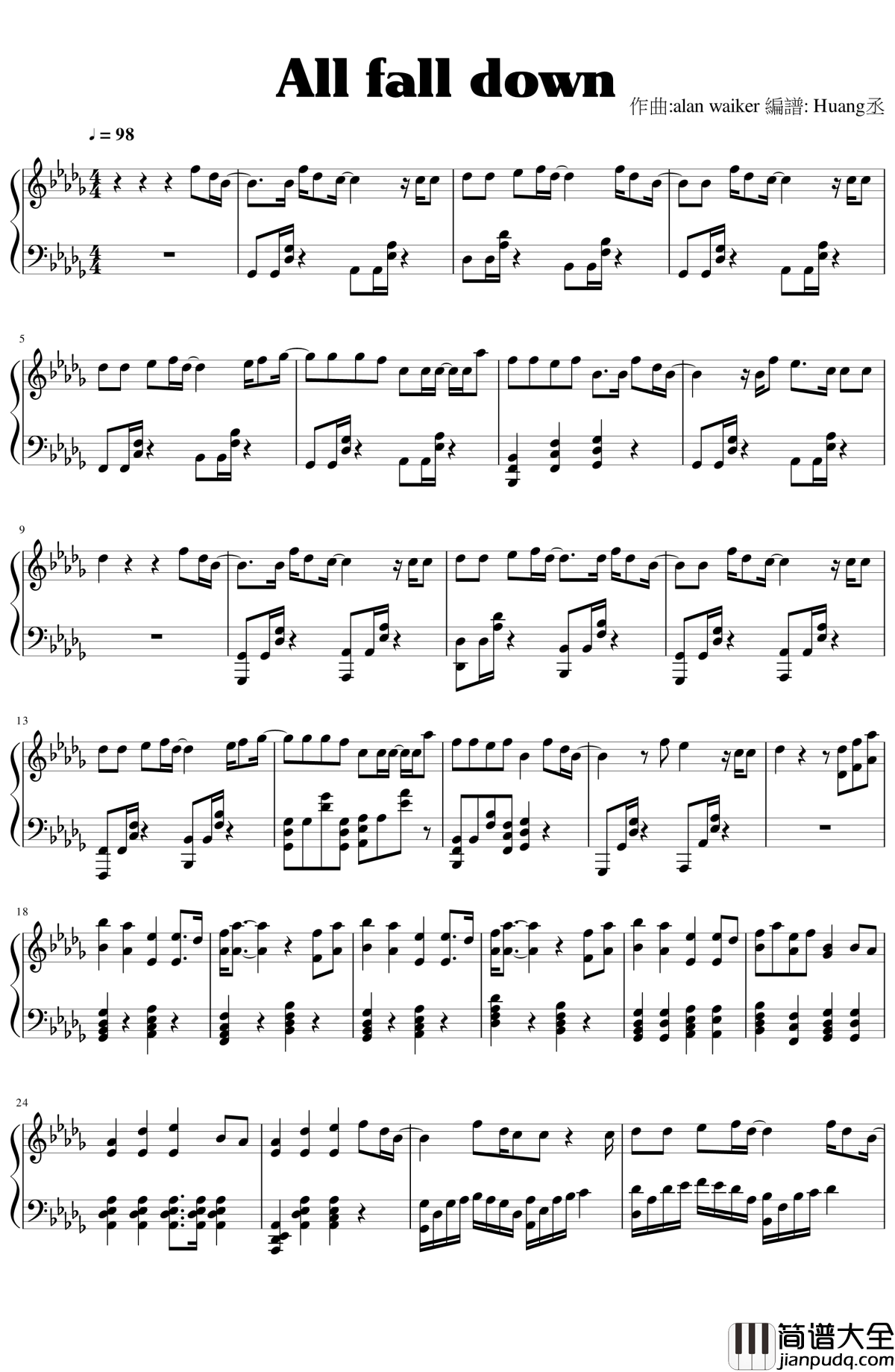 All_Falls_Down钢琴谱_Alan_Walker_当一切都陨落破碎_当一切都不再完美