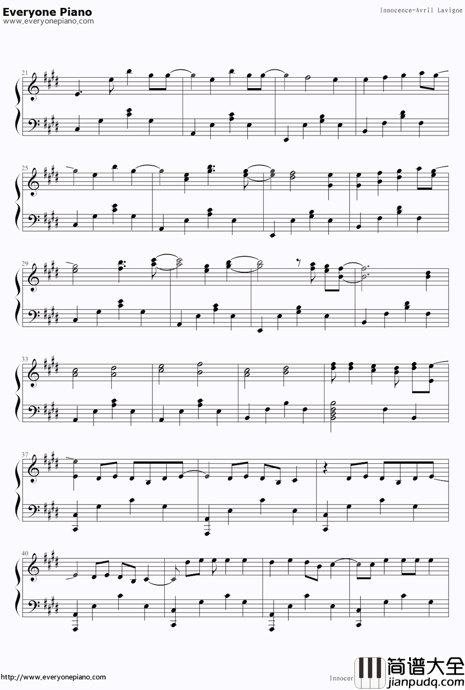 Innocence钢琴谱_Avril_Lavigne艾薇儿·拉维妮