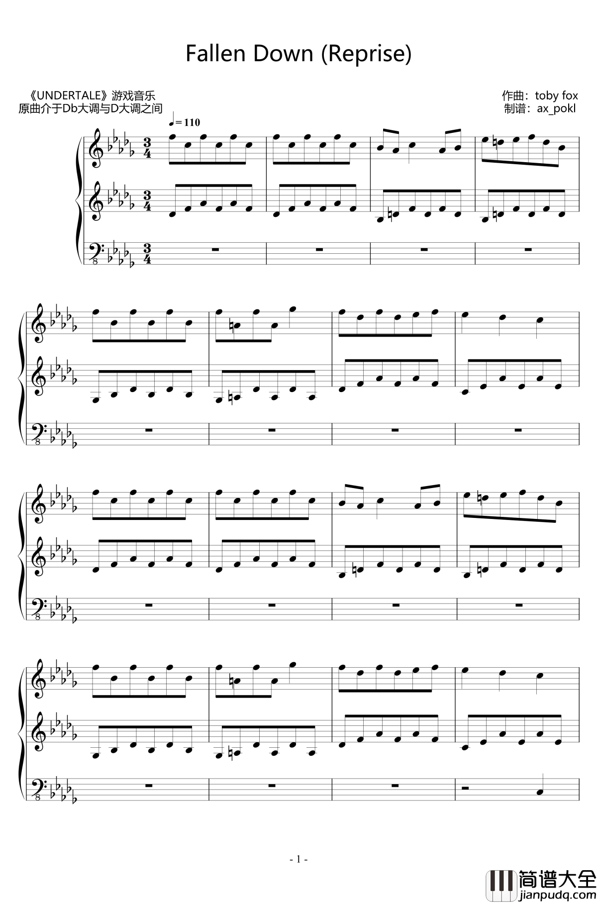 Fallen_Down钢琴谱_Reprise_undertale