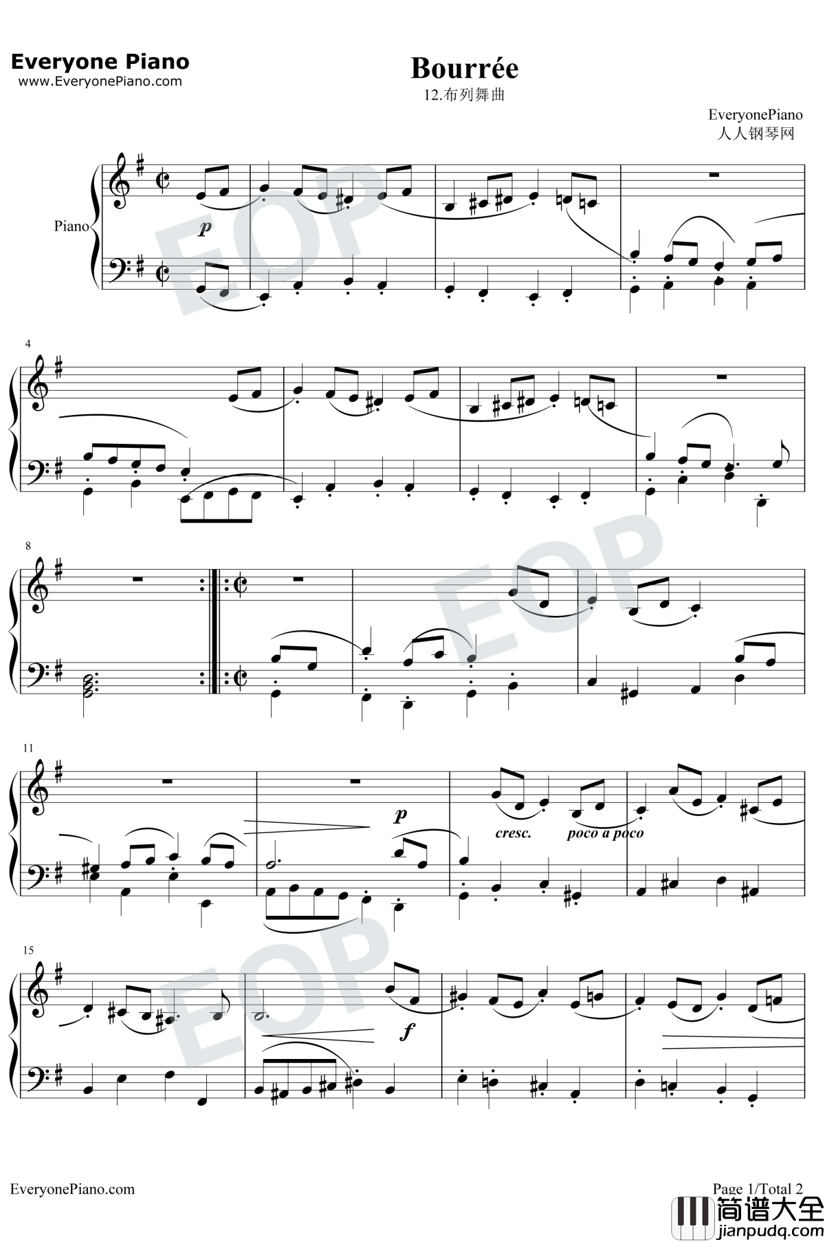 布列舞曲12钢琴谱_巴赫
