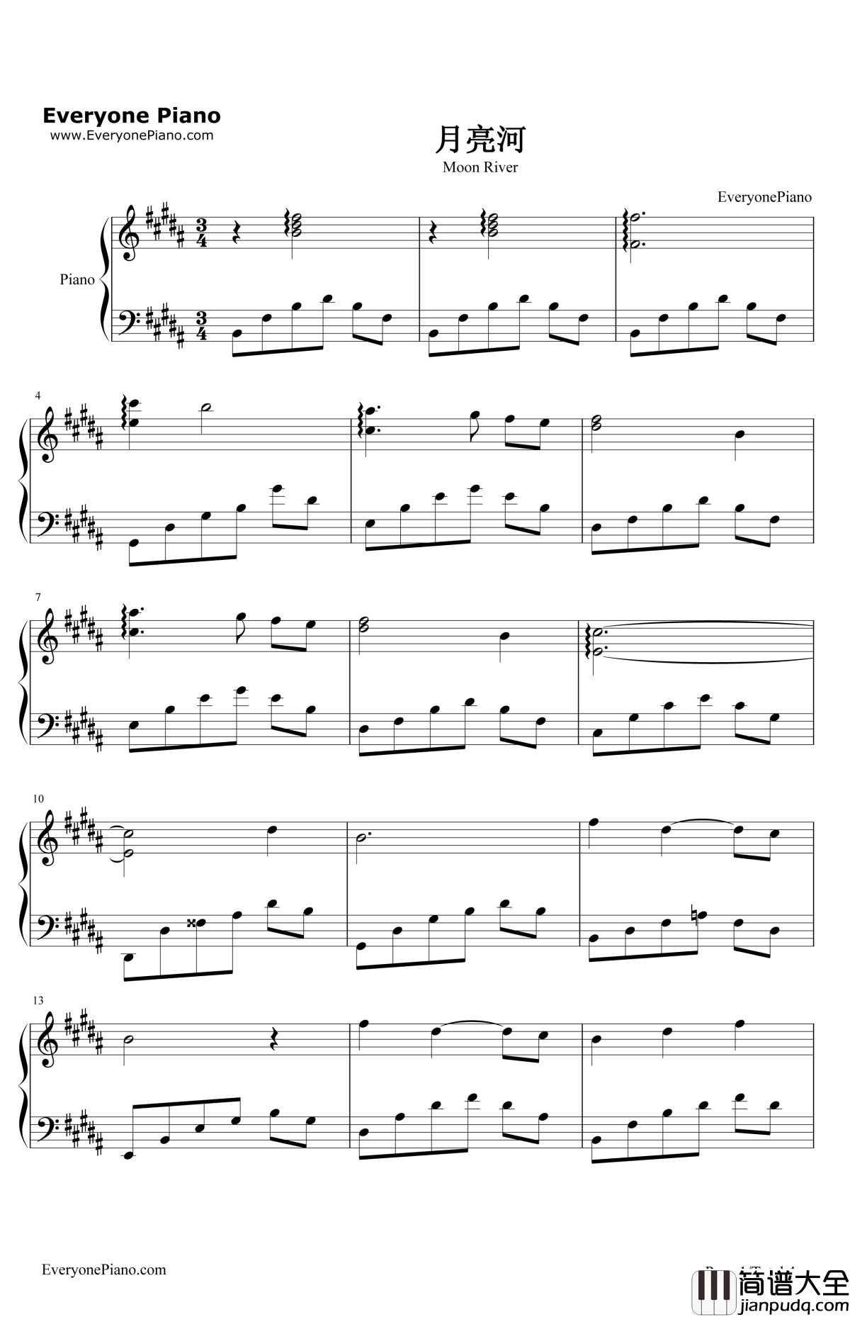 月亮河钢琴谱_AudreyHepburn_完整版_MoonRiver