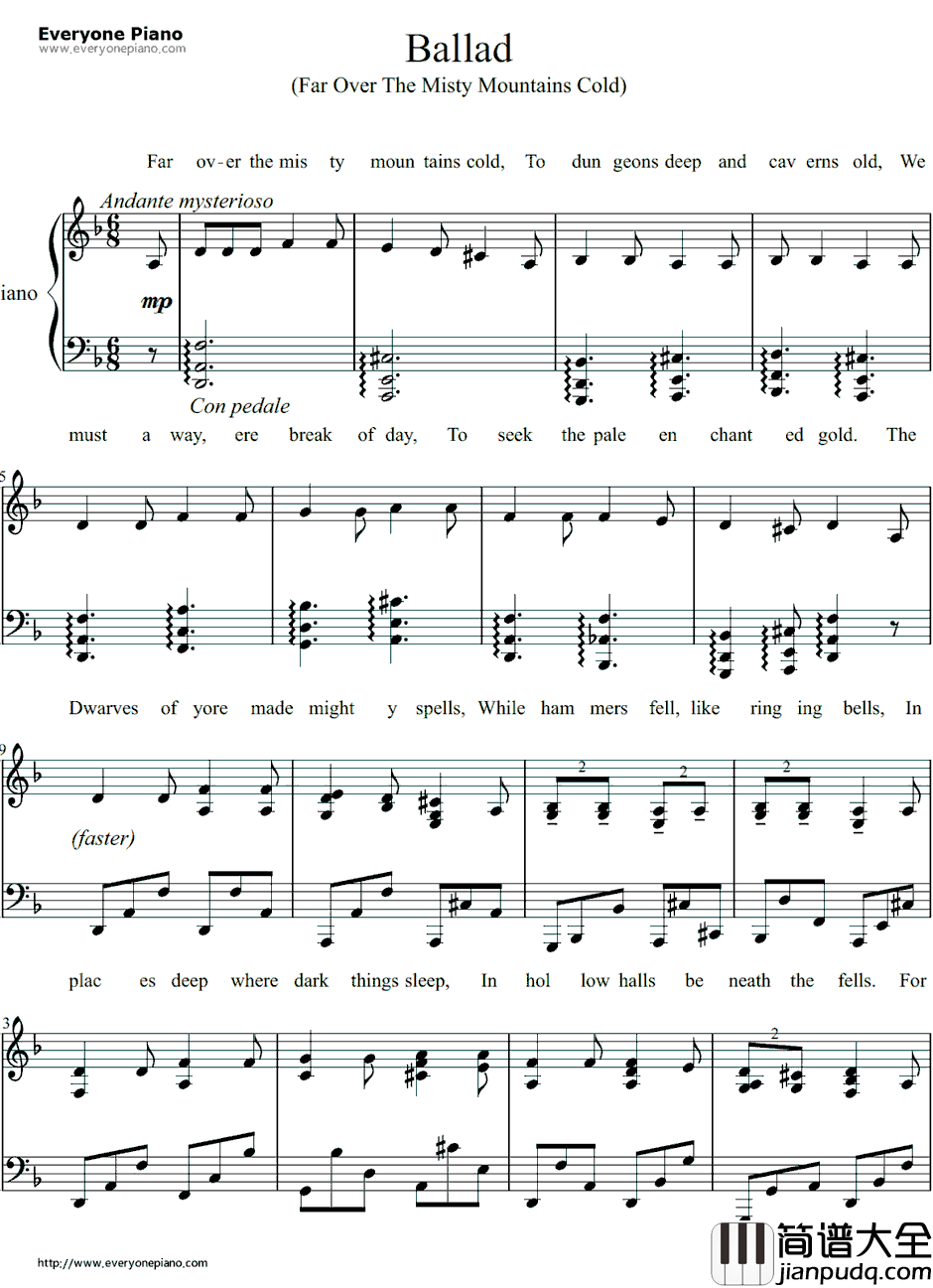 Far_over_the_Misty_Mountains_Cold钢琴谱_Tolkien_霍比特人OST