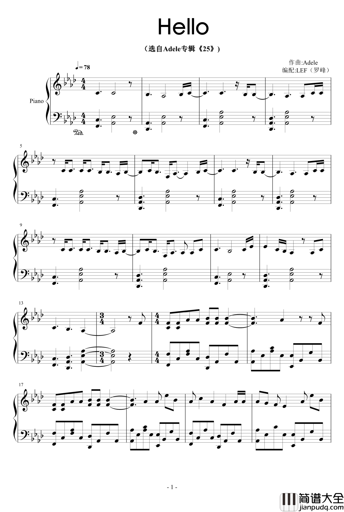 Hello钢琴谱_选自Adele专辑25_Adele_Laurie_Blue_Adkins