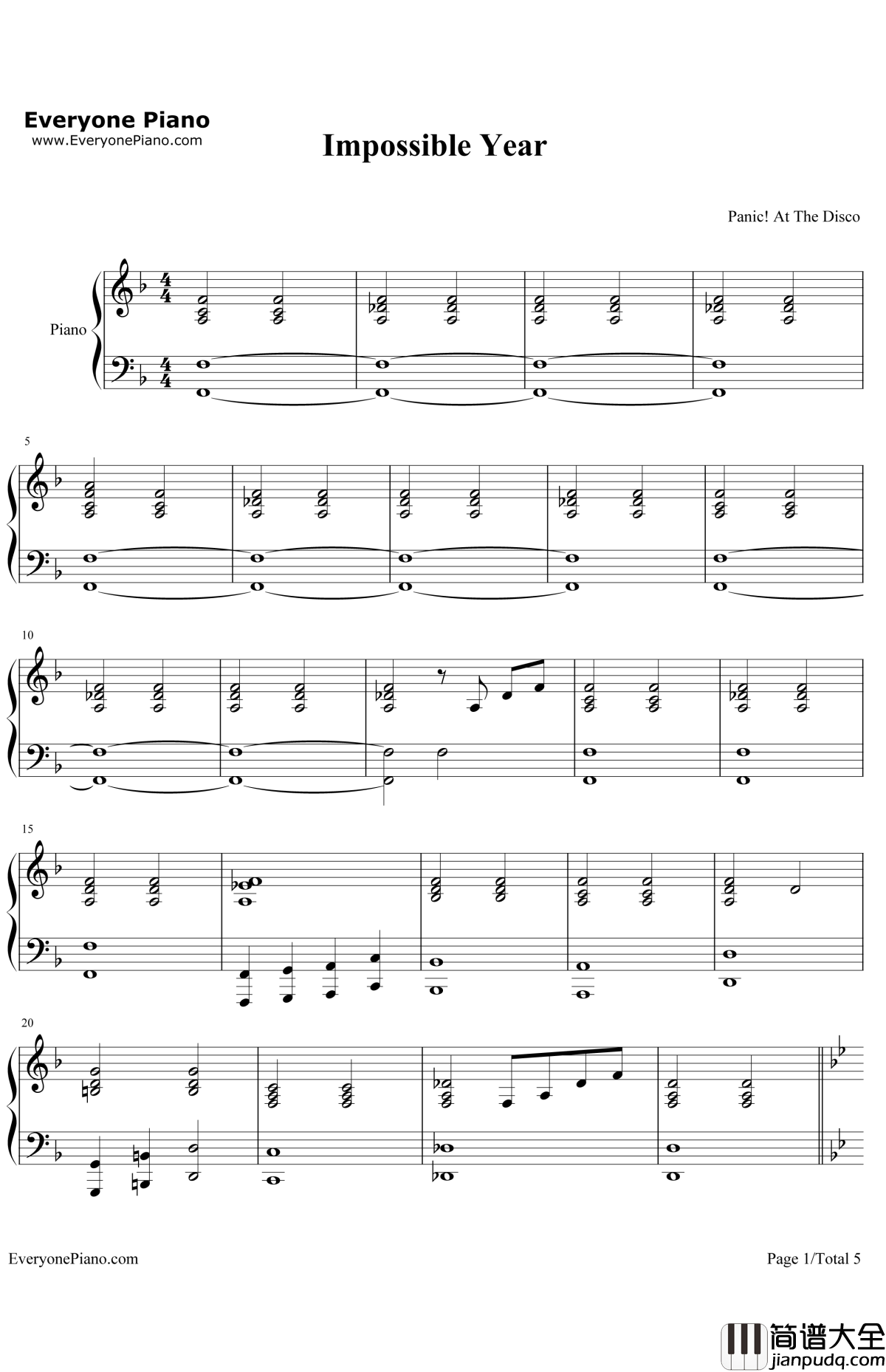 ImpossibleYear钢琴谱_PanicattheDisco